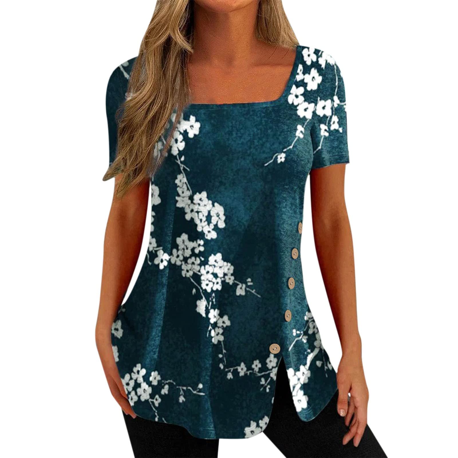 Women's Fashion T-Shirts & Tops - Comfortable Square Neck Printed White Tunic Blouse for Casual Wear, Office & Summer Outfits