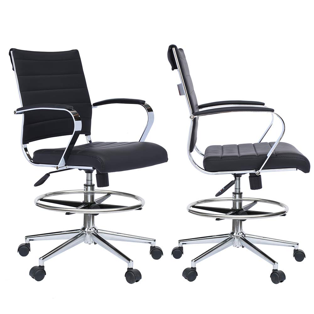 2xhome - Modern Adjustable Ergonomic Office Drafting Chair with Ribbed Arms, Black (Set of 2) - Perfect for Home Office, Studio, and Workspace Comfort