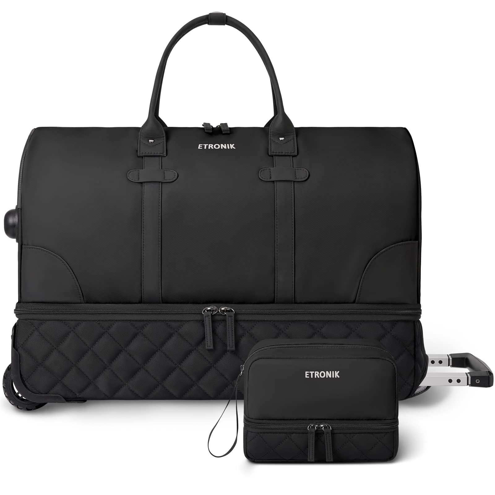 ETRONIK 23 Inch Rolling Duffle Bag with Wheels - Large Carry On Luggage for Women & Men, Travel Duffel with Shoe Compartment & Toiletry Bag, Black - Perfect for Air Travel, Gym, Weekend Getaways & Business Trips