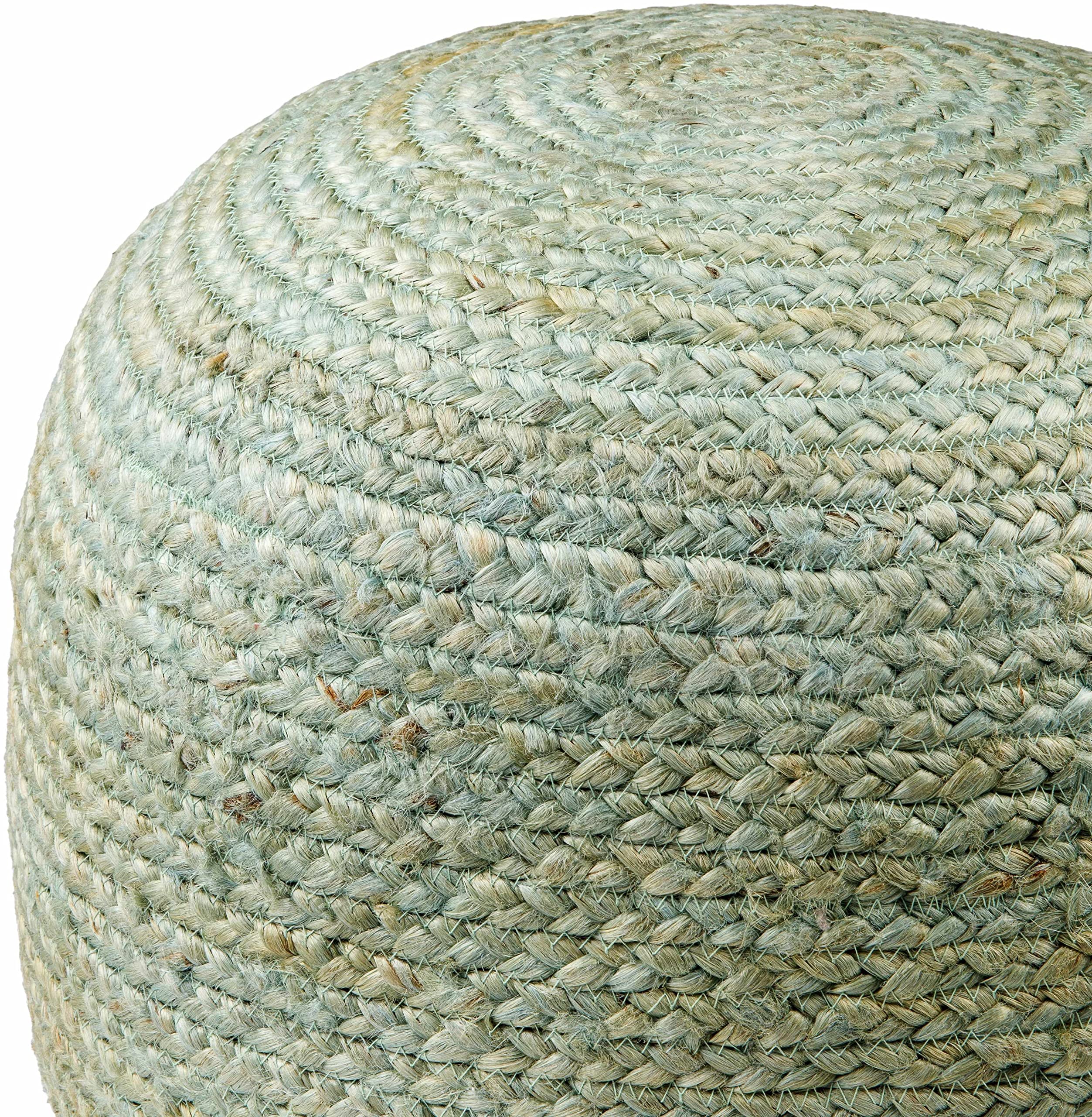 Hauteloom Jenkinjones Natural Wicker Jute Round Pouf Ottoman - Braided Woven Foot Stool with 100% Polybead Fill - Blue/Green - 19.75