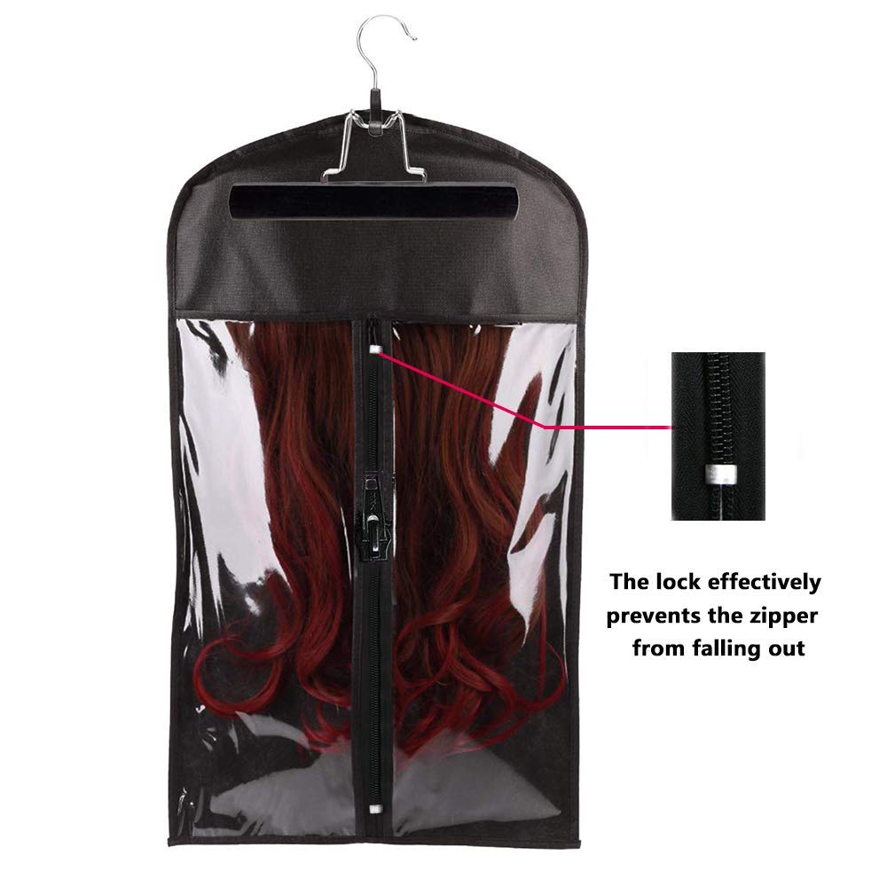 5-Piece Wig Storage Bag Set with 5 Wooden Hangers - Dust-Proof Organizer for Professional Hair Extensions & Wigs (5 Black Bags + 5 Black Hangers) - Perfect for Salon, Travel & Home Wig Care