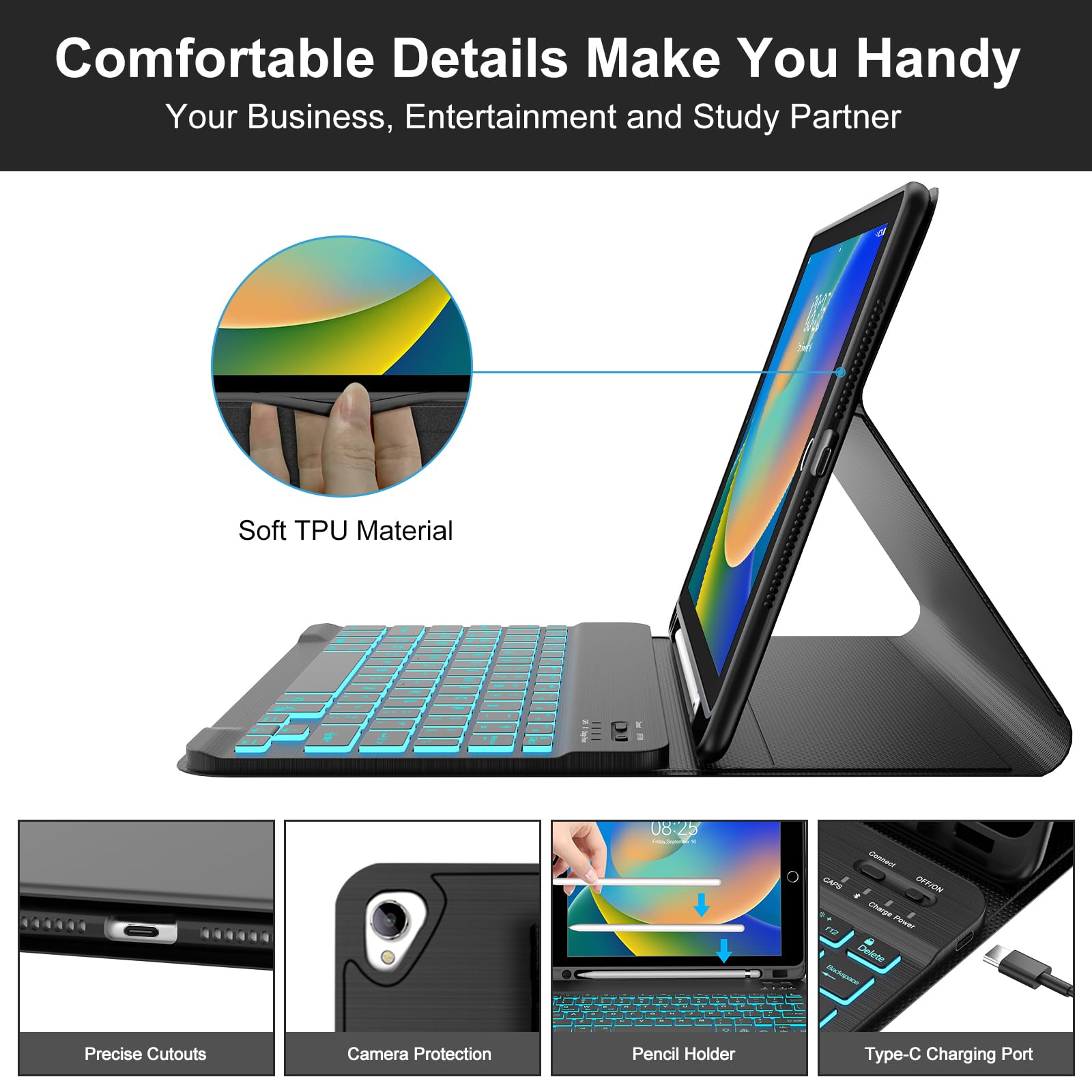BORIYUAN iPad 10.2 inch Case with Bluetooth Keyboard - Detachable Backlit Keyboard (7 Colors), Slim Folio Smart Cover with Apple Pencil Holder for iPad 9th/8th/7th Gen, iPad Pro 10.5