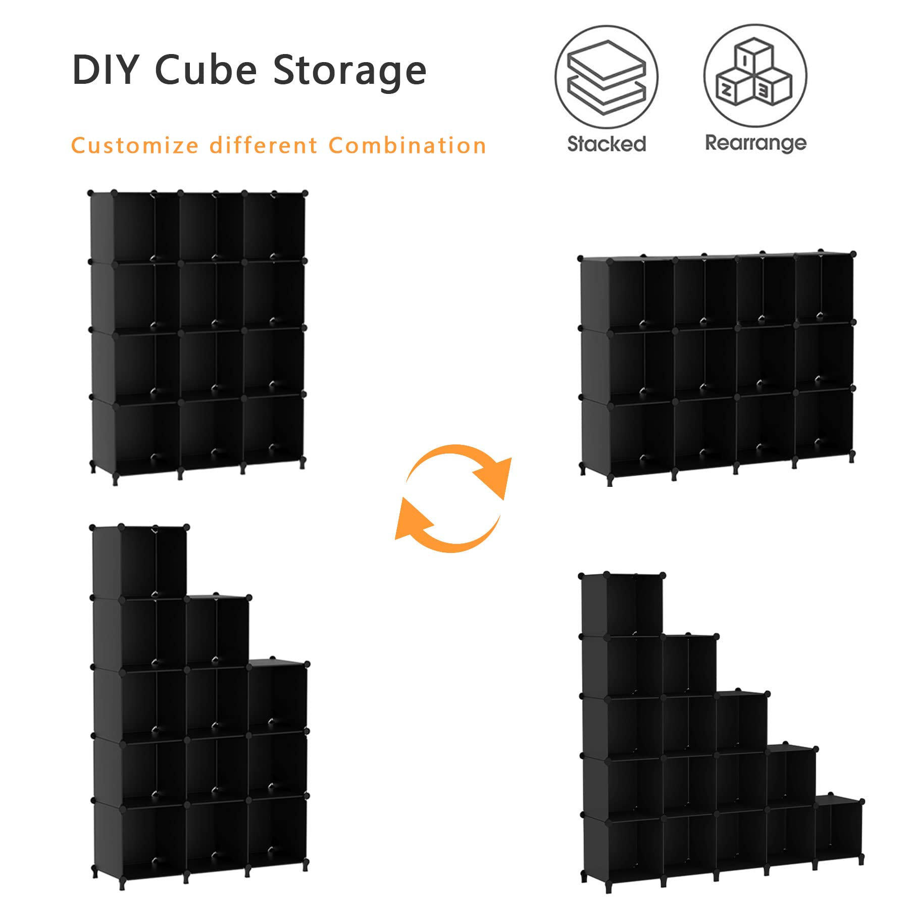Stackable 12-Cube Storage Organizer for Closet, Bedroom & Home - Black
