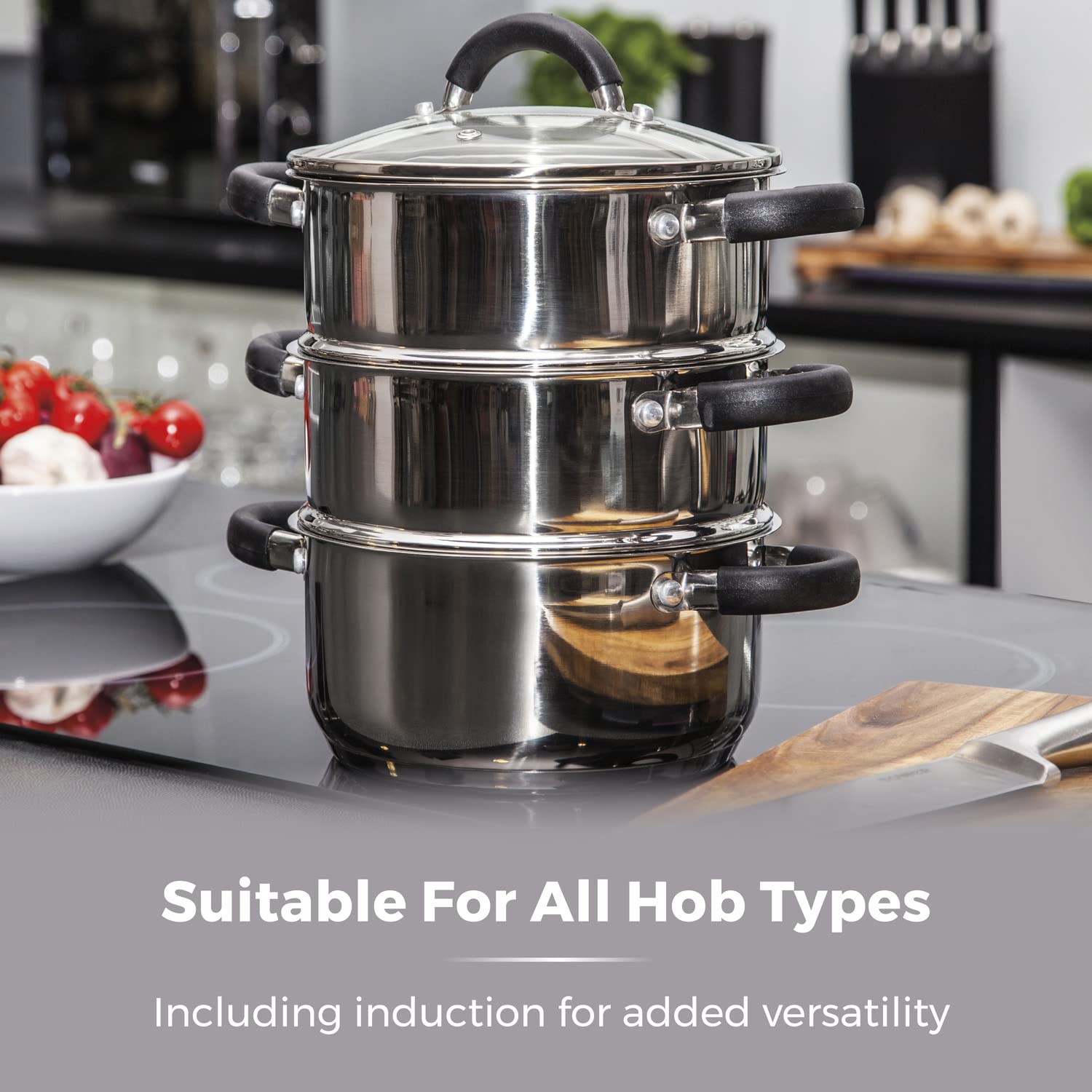 3-Tier Stainless Steel Steamer with Glass Lid & Mirror Finish - 18cm Essential Kitchen Tool for Healthy Cooking, Steaming Vegetables, Dumplings & Seafood