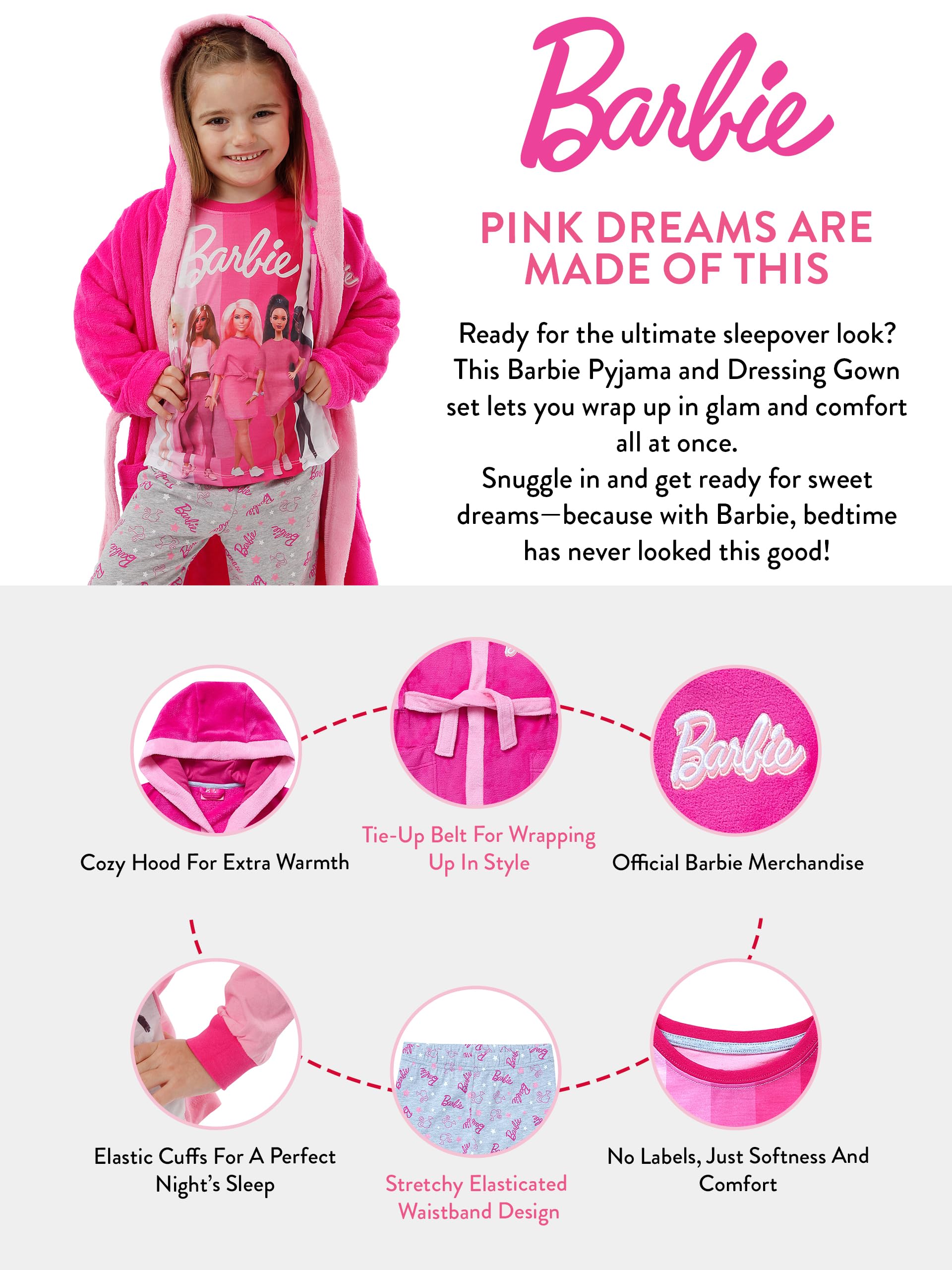 Barbie Girls Dressing Gown and Pajamas Set - Pink Fluffy Robe & Cute Sleepwear for Kids - Perfect for Sleepovers, Birthday Gifts & Cozy Bedtime