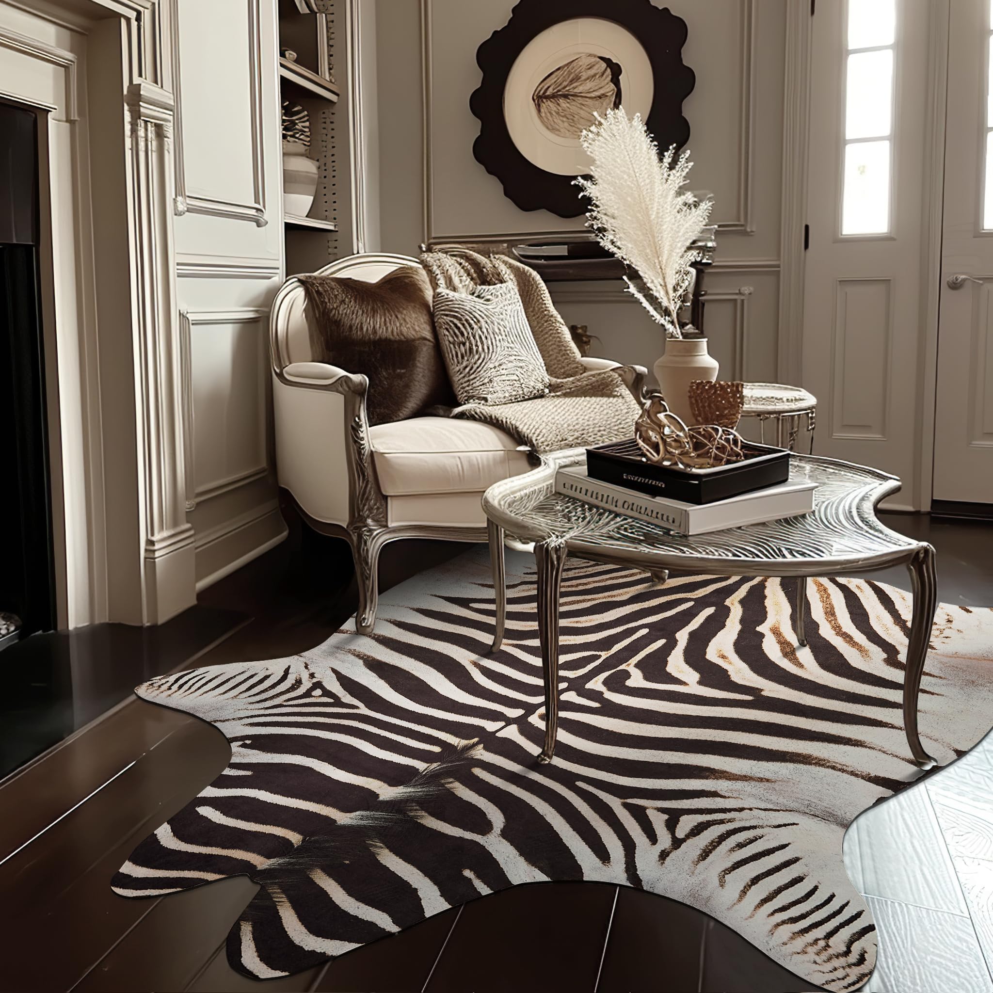 Zebra Print Area Rug - Faux Cowhide Animal Design Mat, Soft Faux Suede Indoor Floor Covering for Bedroom & Living Room, 4x5 ft Safari Style Rug - Perfect for Boho Chic Decor, Kids Room & Home Office