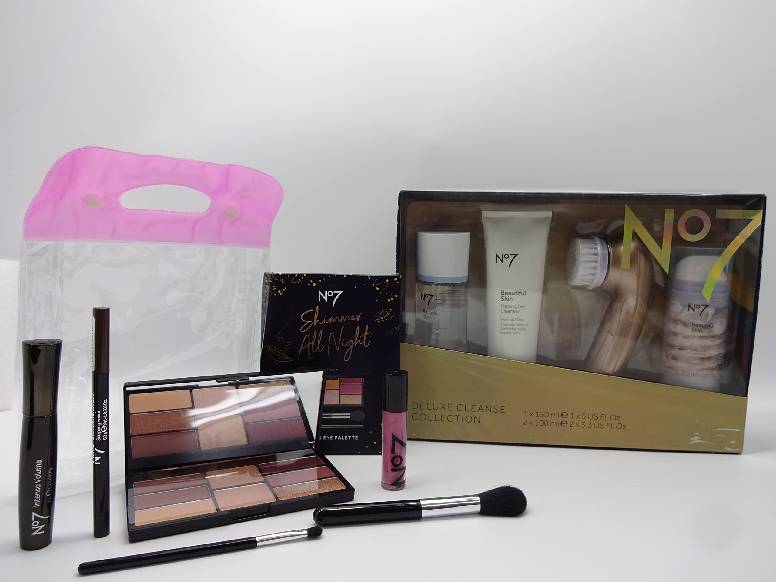 No7 Beauty Bundle Collection Gift Set - Cleanse Collection with Brush, Eye & Face Palette, Mascara, Brow Pencil & Lip Gloss | Perfect for Travel, Gifts & Daily Makeup Routine