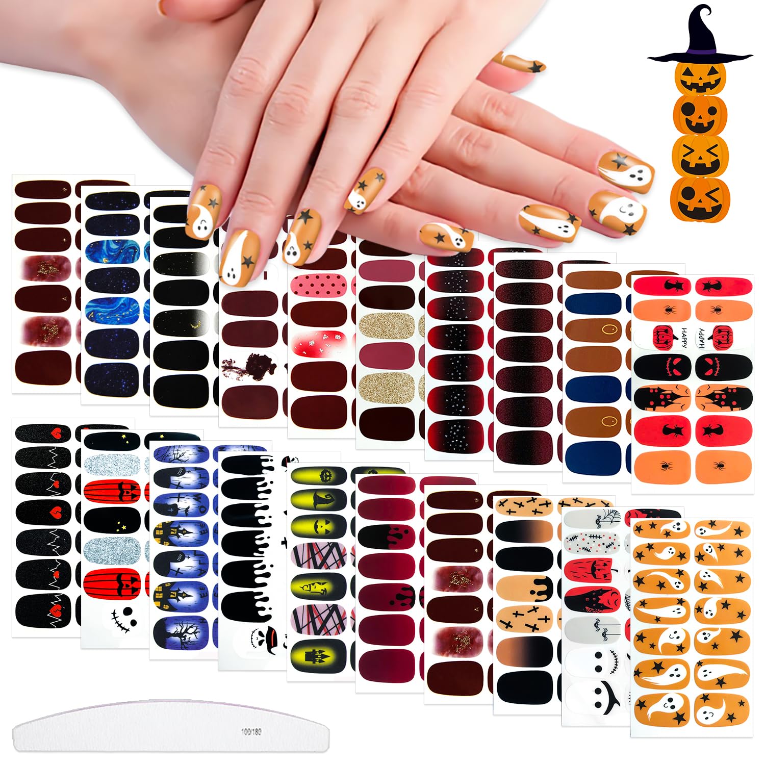 **WOKOTO 20 Sheets Halloween Gradient Nail Polish Strips – Self-Adhesive Nail Stickers with Nail File Kit for Women & Girls | DIY Nail Art Wraps for Halloween, Parties, Costume Events & Daily Wear | Perfect for Nail Salon, Home Manicure, Gift Giving & Special Occasions | Great for Halloween, Birthday Parties, Cosplay, Weddings & Everyday Fashion**