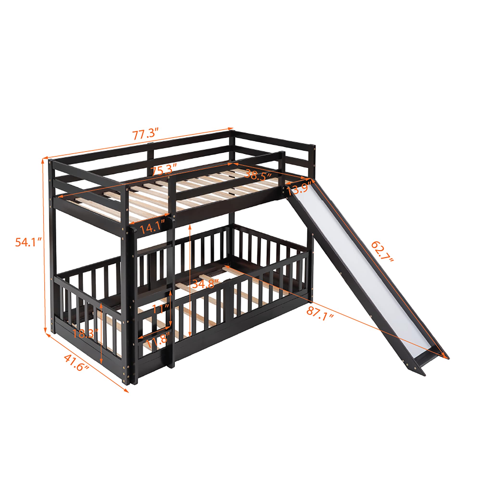 Harper & Bright Designs Twin Over Twin Low Bunk Bed with Slide - Wooden Kids Bunk Bed with Ladder & Safety Guardrail - Space-Saving Bedroom Furniture for Boys & Girls (Espresso Finish) - Perfect for Small Rooms, Shared Kids' Bedrooms & Sleepovers