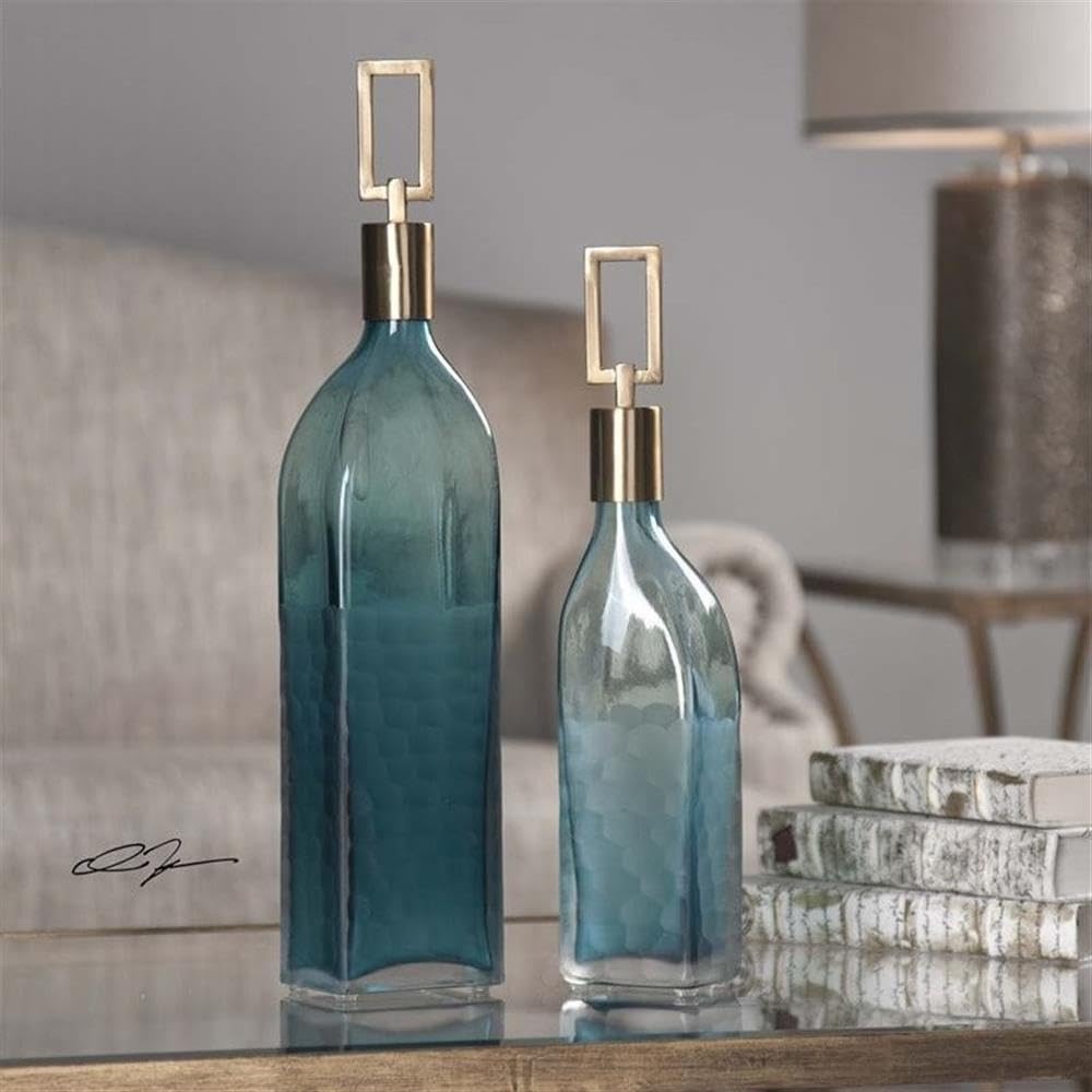 BOWERY HILL Modern Teal Glass Bottles with Iron Stand - Set of 2 for Home Bar, Wedding Centerpiece & Kitchen Decor