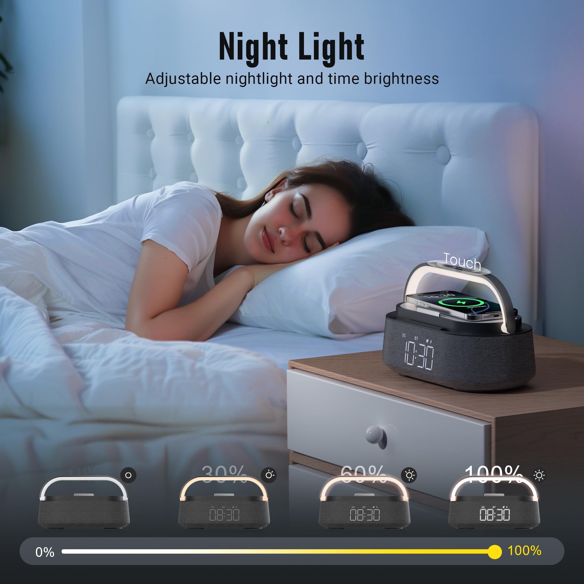 6-in-1 Bluetooth Speaker with Wireless Charger | Portable Bedroom Speaker with FM Radio, Adjustable LED Night Light, Dual Wireless Charging & Phone Stand | Perfect for Bedside, Home Office, Travel & Gifts