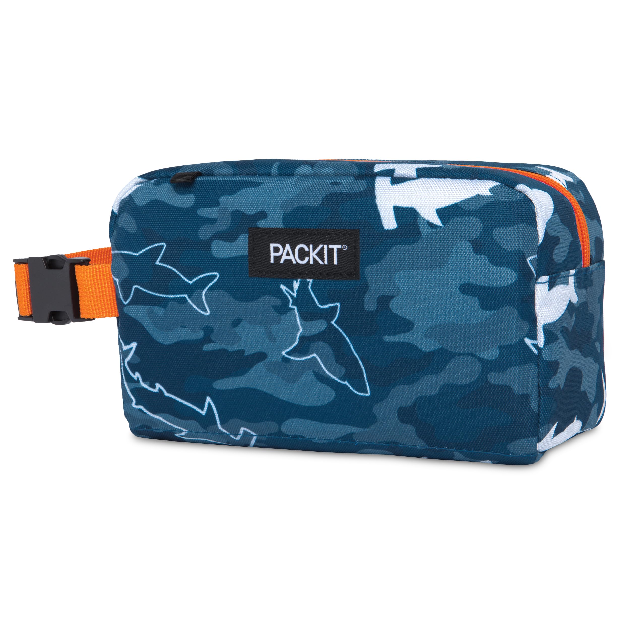 PackIt Freezable Snack Box with EcoFreeze Technology - Reusable Collapsible Lunch Bag with Zip Closure & Buckle Handle - Camo Shark Design - Perfect for School, Work, Travel & Outdoor Activities