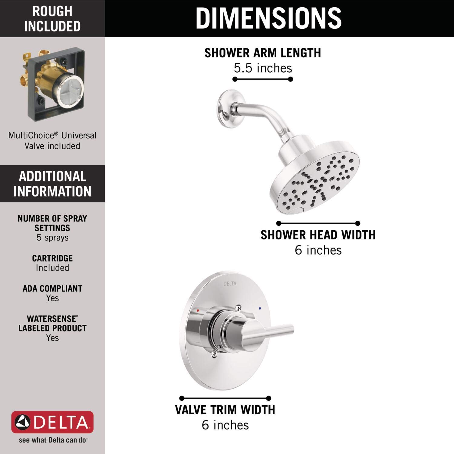 Delta Faucet Nicoli 14 Series Single-Handle Shower Faucet with 5-Spray H2Okinetic Shower Head - Chrome Finish 142749 (Includes Shower Valve) - Perfect for Modern Bathroom Renovations & Spa-Like Shower Experience
