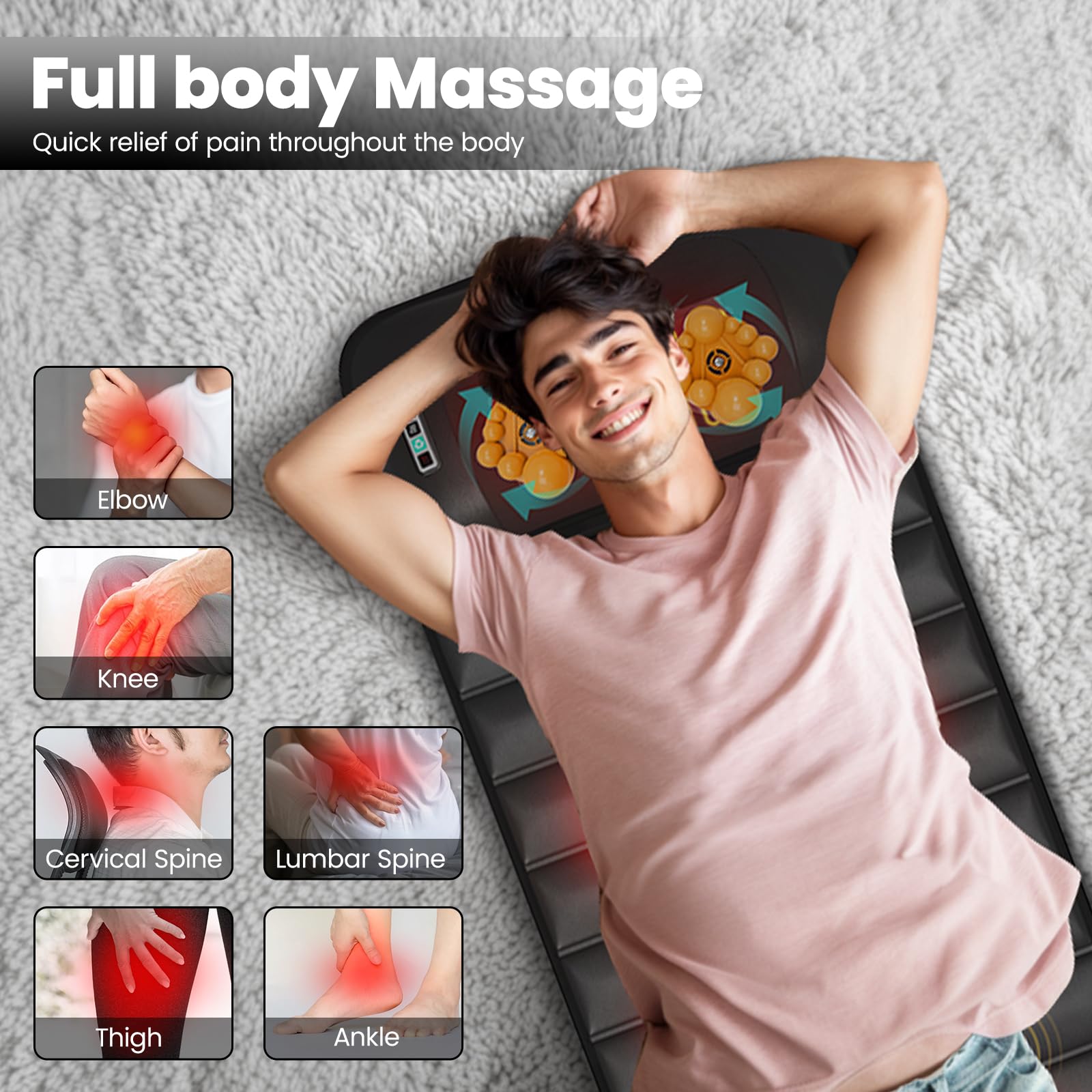 Detachable Neck Massager & Full Body Massage Mat with 10 Vibrating Motors, Heating Function & 9 Speed Settings - Black - Perfect for Home, Office, and Relaxation Therapy