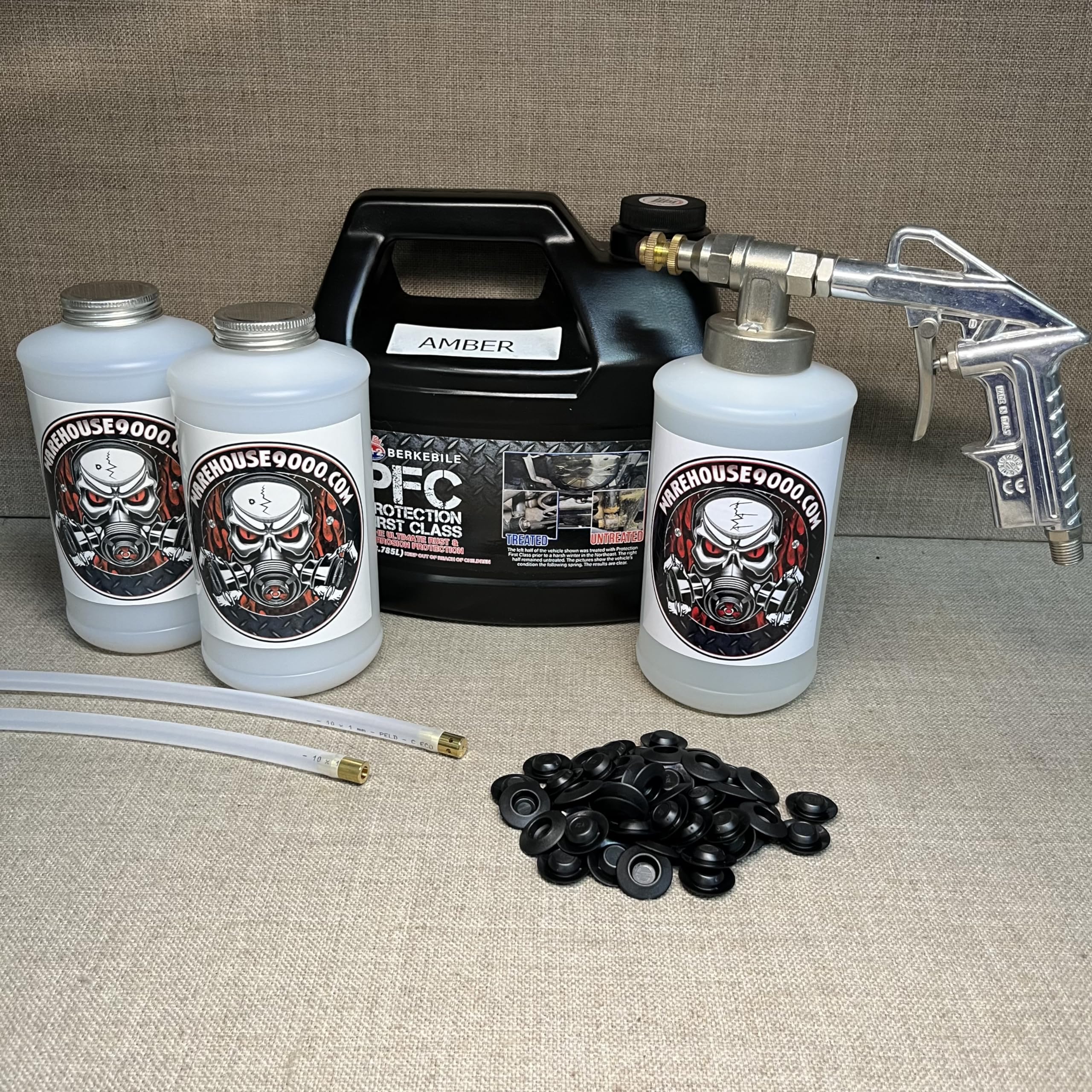 Professional PFC Amber Undercoating Spray Gun Kit - 1 Gallon Capacity, 3 White Quart Bottles, 2 Wands & 50 Rust Plugs - Ideal for Auto Body Rust Protection & Undercoating Projects