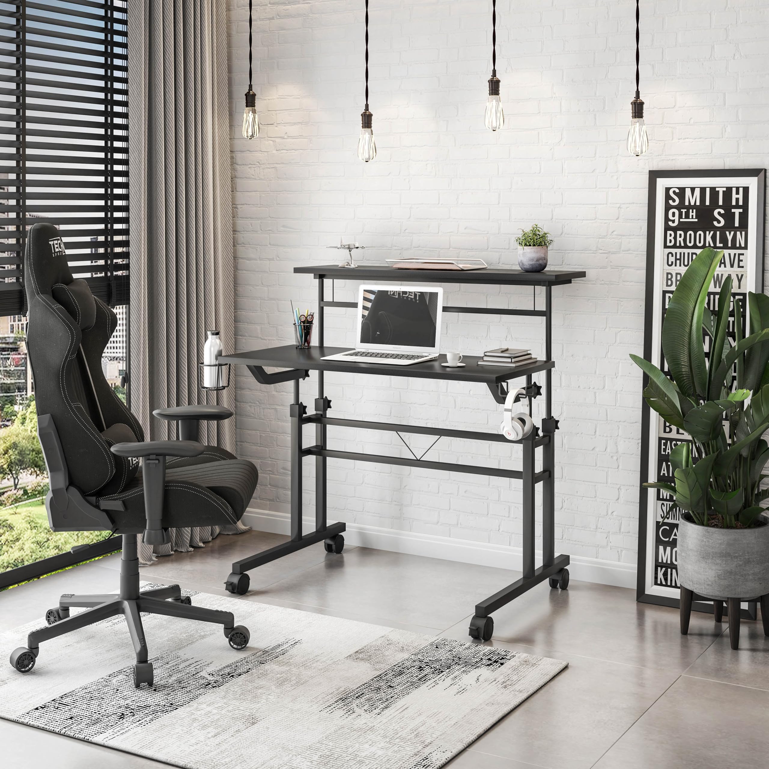 Techni Mobili Adjustable Height Rolling Standing Desk with Wheels - 2-Tier Mobile Office & Gaming Desk with Cup Holder - Black - Perfect for Home Office, Gaming Setup & Small Spaces