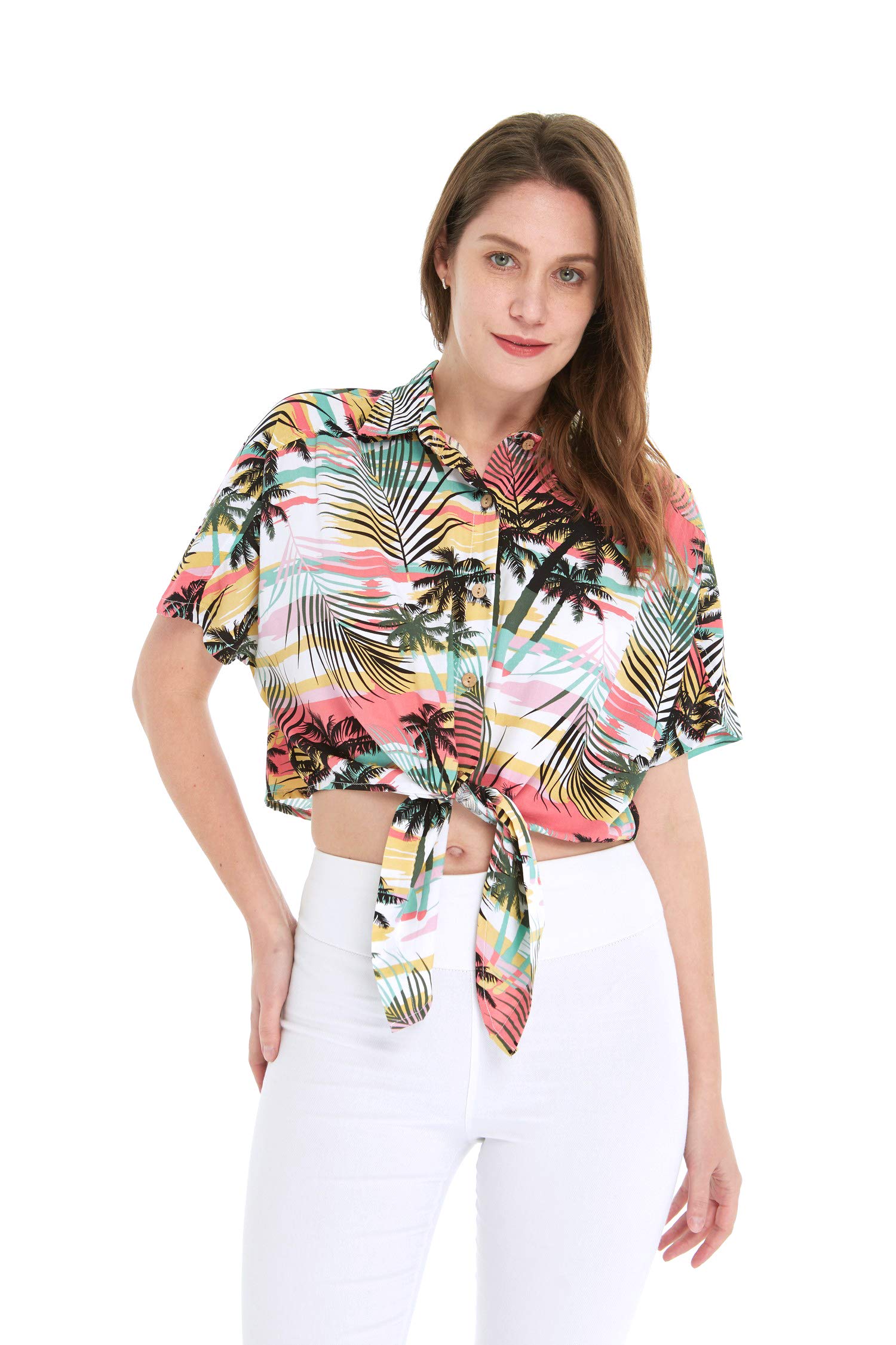 Women's Hawaiian Aloha Shirt - Floral Print Tie Front Crop Top for Summer Beach Vacation, Sunset Colors, Casual Boho Outfit
