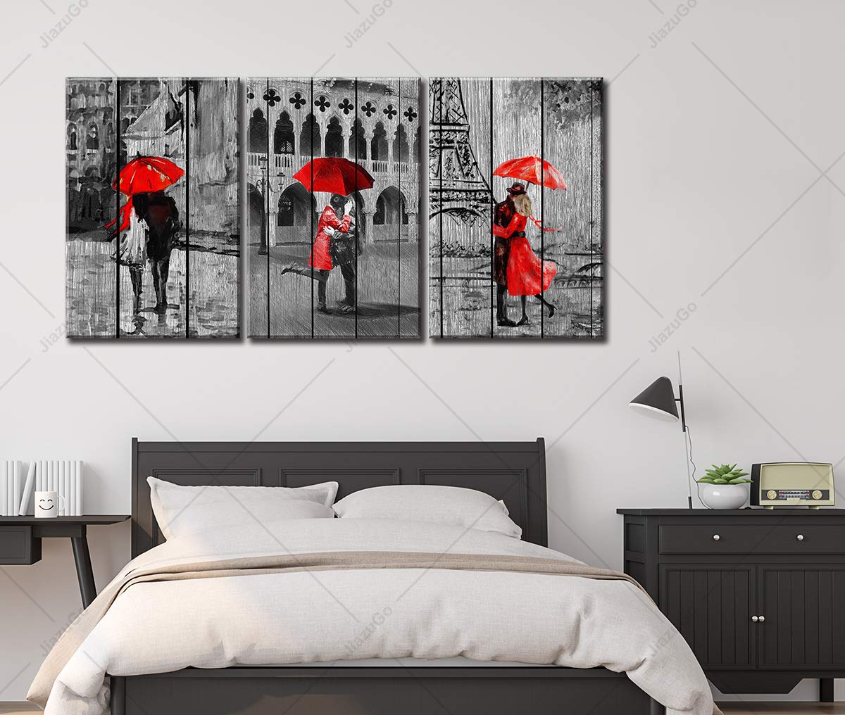 JiazuGo - Romantic Red Umbrella Woman Painting, Paris Eiffel Tower Black & White Cityscape Art, Stretched Framed Canvas Wall Decor for Bedroom, Living Room, Valentine's Day Gift for Couples & Lovers | Perfect for Home, Office & Wedding Decor