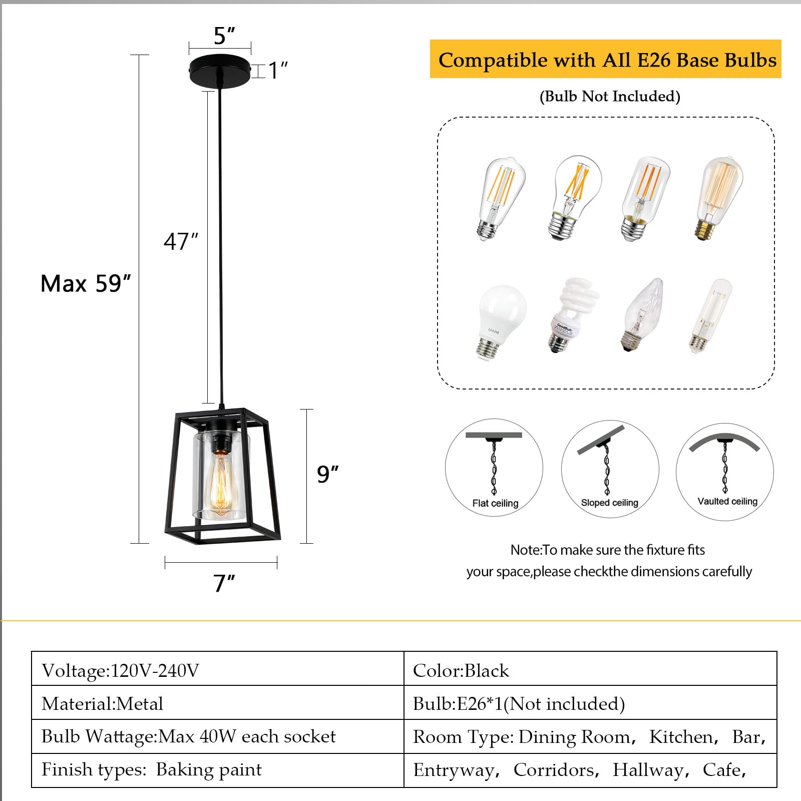 Black Farmhouse Pendant Lights with Clear Glass Shade - 1-Light Linear Chandelier for Kitchen Island, Dining Room, Entryway, and Modern Farmhouse Decor