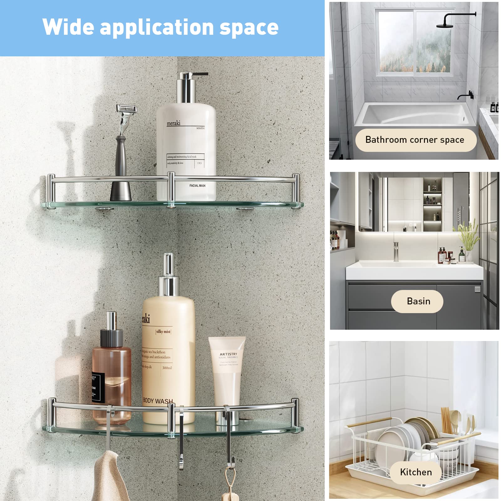 HouseMila 2-Tier Tempered Glass Corner Shower Shelf Organizer with 3 Bonus Hangers - Rustproof Bathroom Storage for Shampoo, Soap & Accessories - Perfect for Small Showers & Tight Spaces