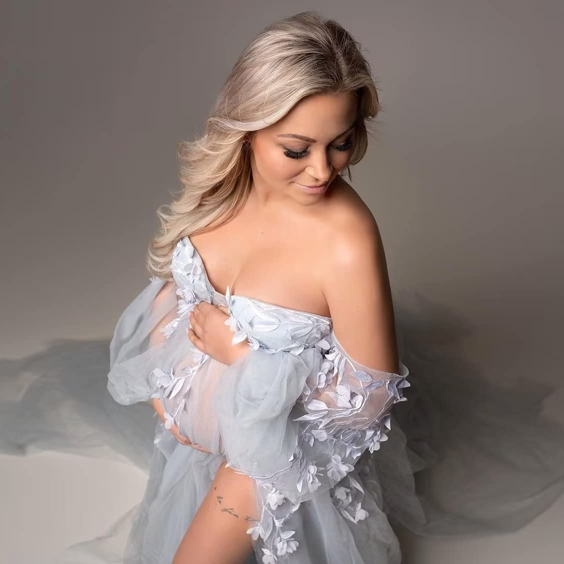 Elegant Long Sleeve Maternity Dresses for Photoshoot, Lingerie, Bridal Robes & Baby Shower - Soft Tulle Pregnancy Gown for Maternity Photos, Wedding & Special Occasions