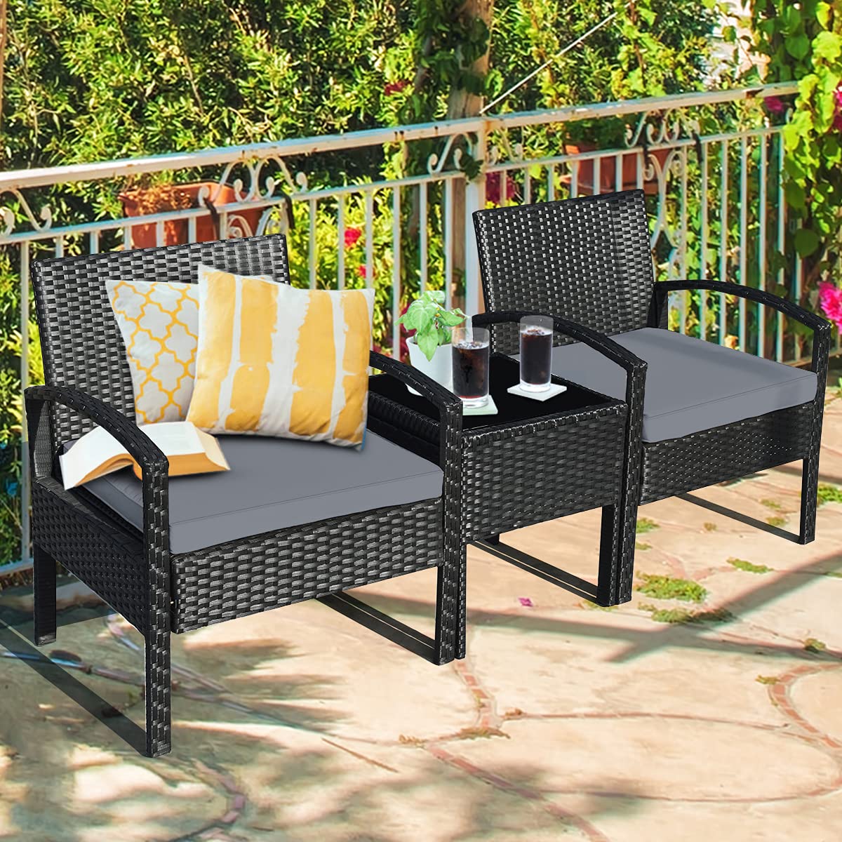 3-Piece Outdoor Patio Furniture Set - Rattan Wicker Conversation Chairs with Beige Cushions & Tempered Glass Coffee Table - Perfect for Backyard, Porch, Poolside, Garden, and Patio - Gray Weather-Resistant Set