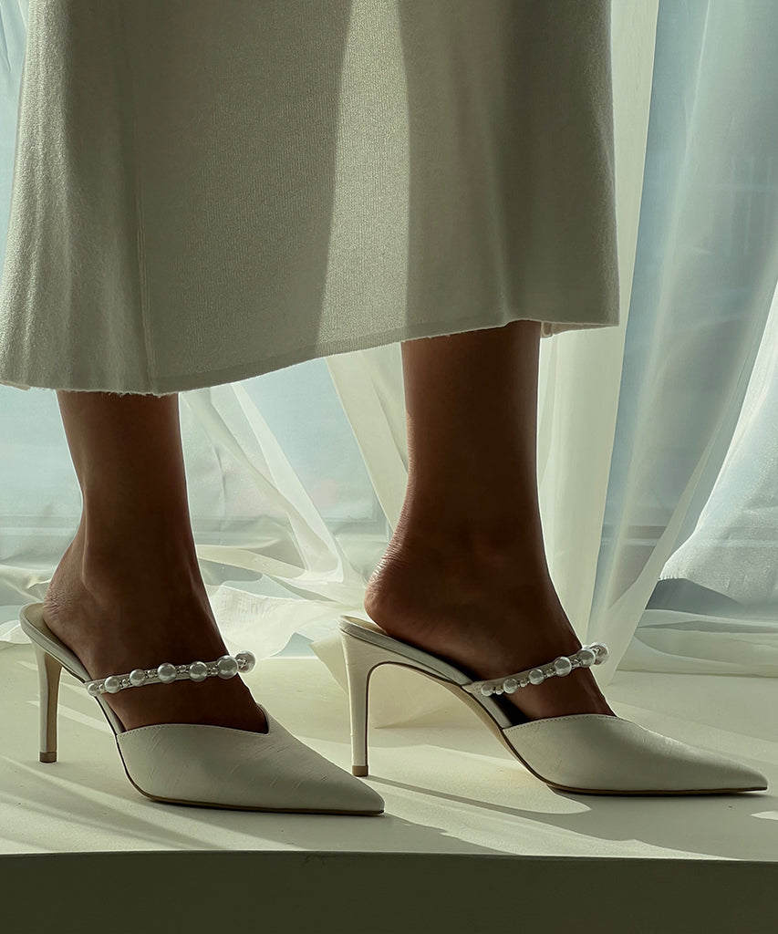 KANIKA PEARL HEELS VANILLA SILK - Women's Elegant Pearl Embellished High Heels for Weddings & Parties | Comfortable Dress Shoes for Special Occasions