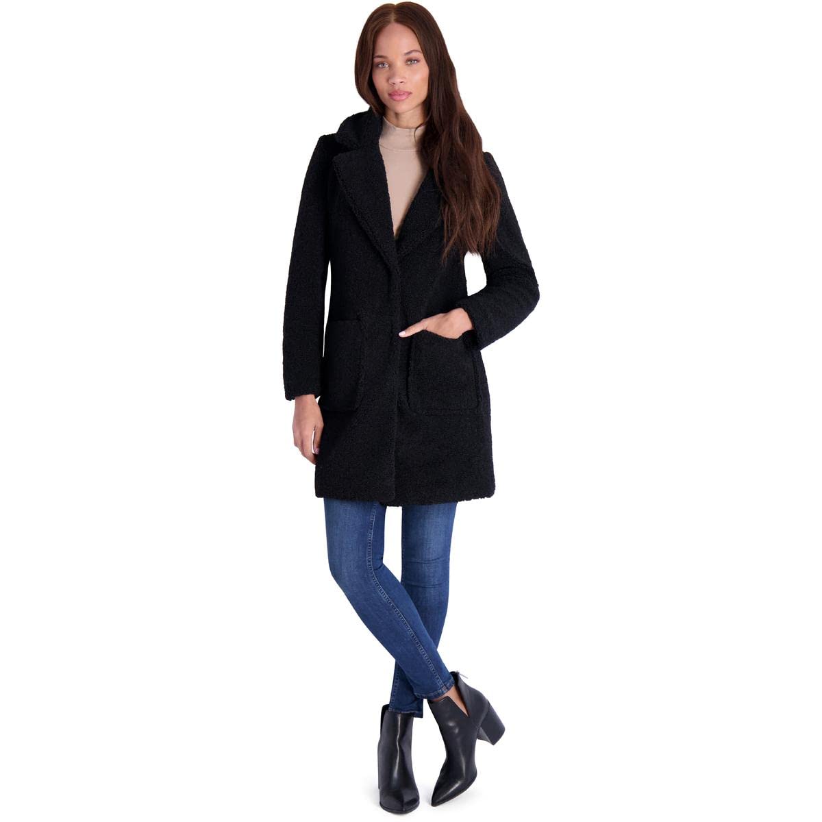 French Connection Women's Faux Shearling Teddy Lapel Midi Coat - Warm Winter Jacket for Casual Outings & Date Nights