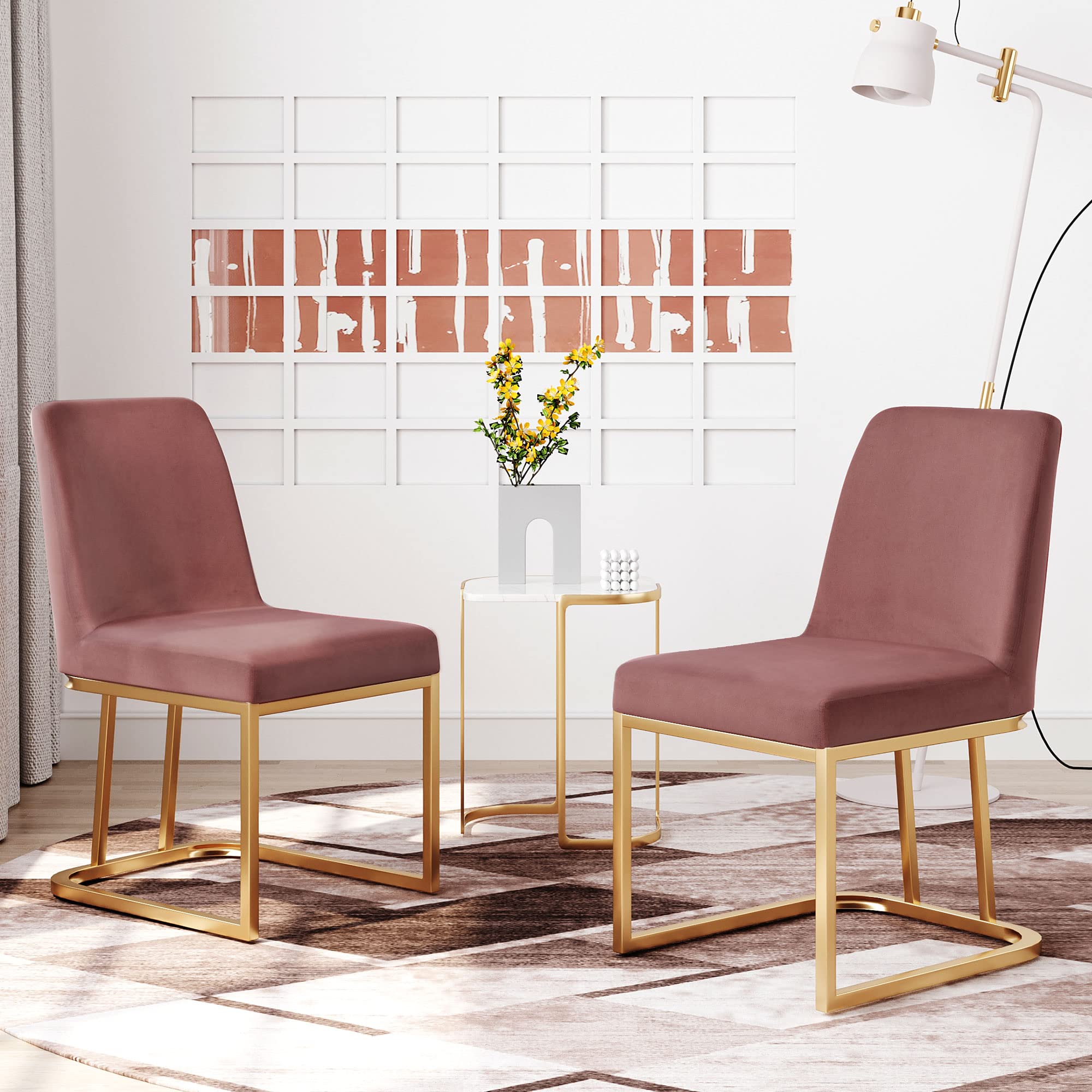 Modern Minimalist Velvet Upholstered Dining Chairs Set of 2 - Pink Accent Chairs with Gold Metal Base for Living Room, Kitchen, Vanity, Patio - Perfect for Small Spaces, Dining Areas & Home Decor