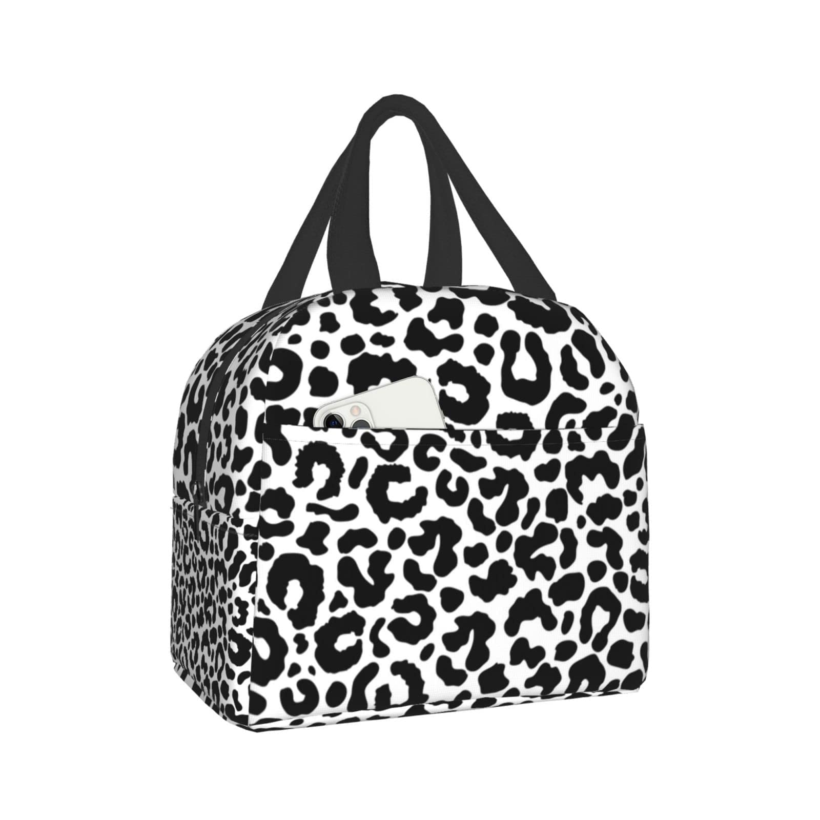 Stylish Black & White Leopard Print Insulated Lunch Bag for Women & Men - Reusable Waterproof Lunch Box Cooler for Work, Travel, Camping & Outdoor Activities