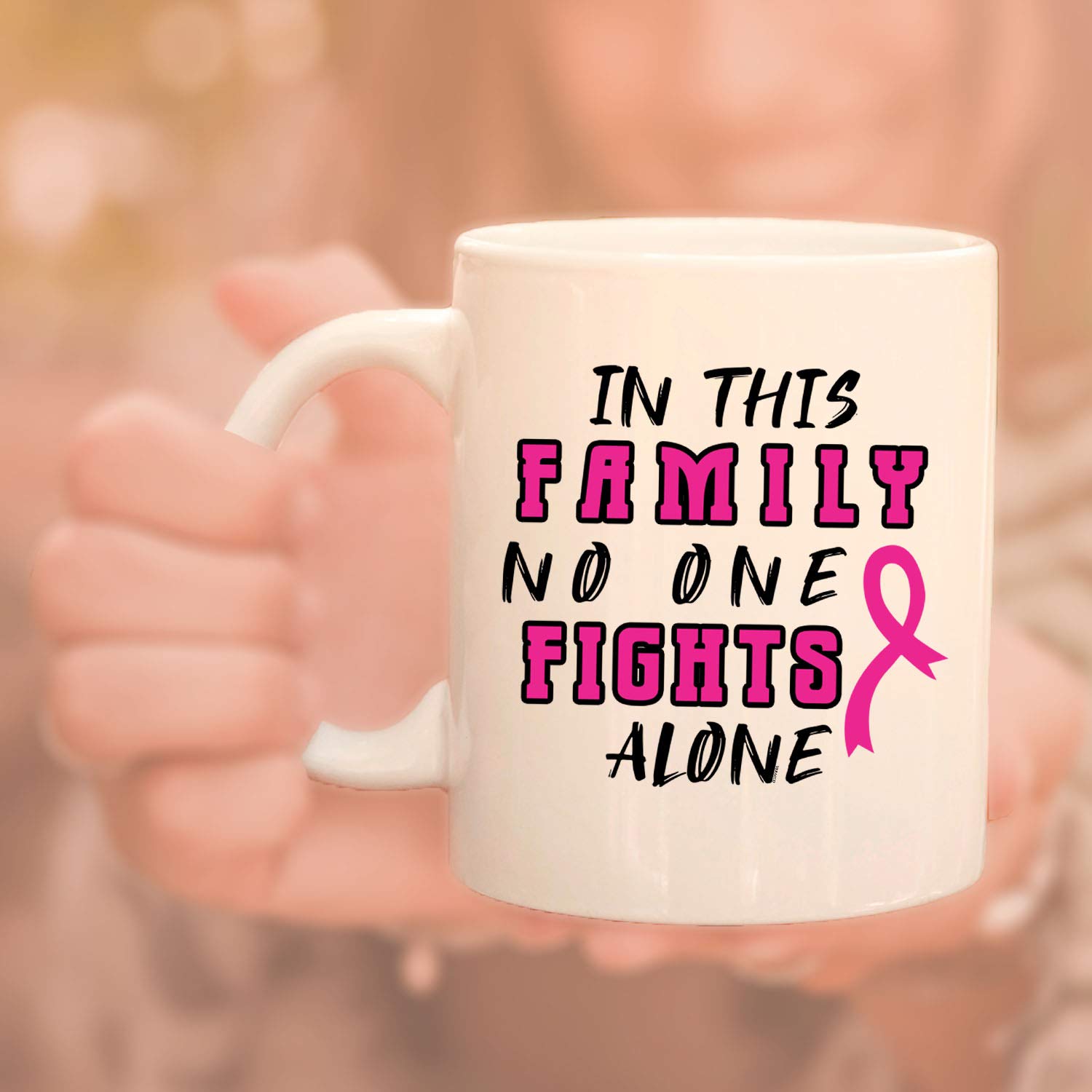 Veracco 'In This Family No One Fights Alone' Pink Ribbon Ceramic Coffee Mug - Motivational Inspirational Gift for Breast Cancer Survivors - White Ceramic Cup for Office, Home & Support Groups