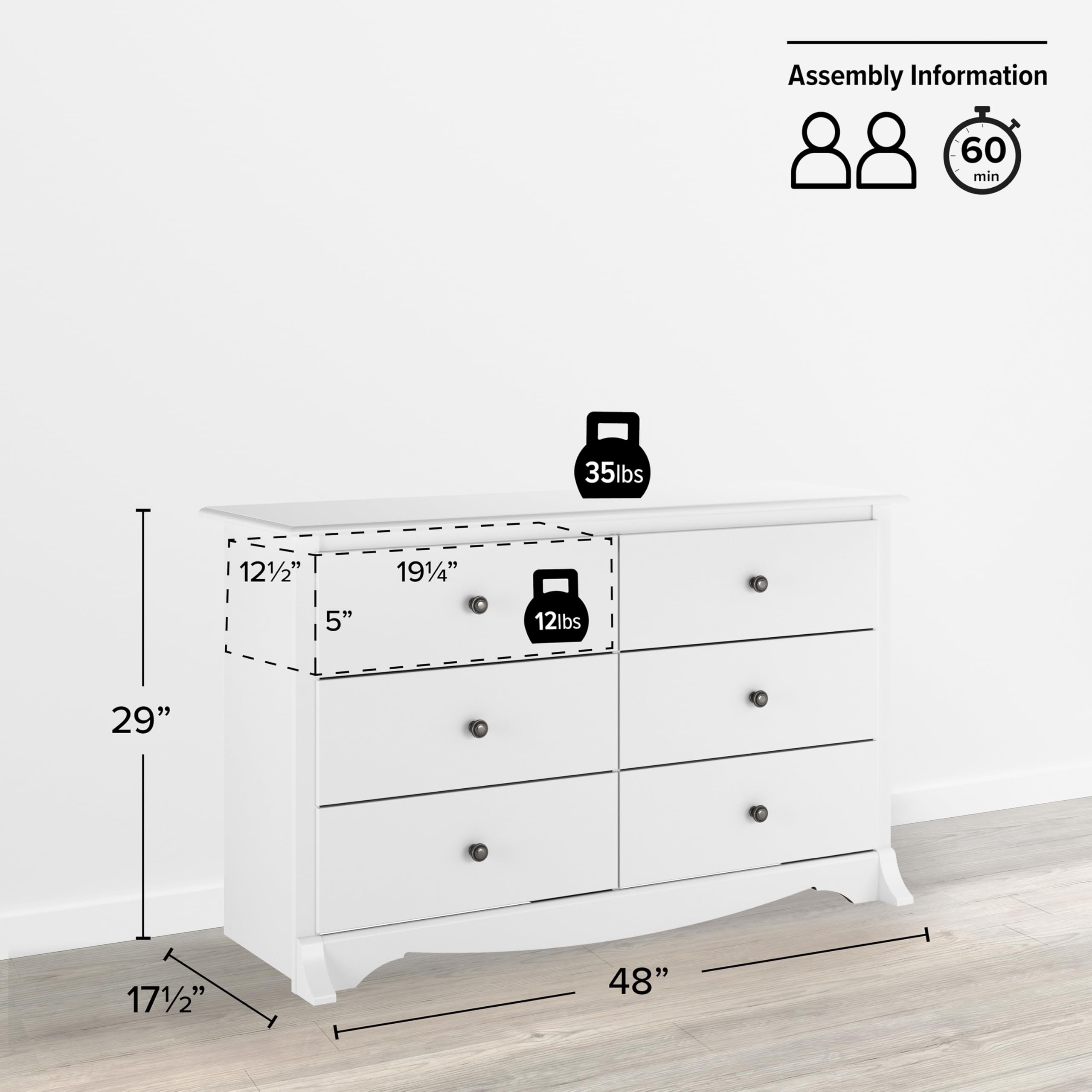 Prepac Sonoma 6-Drawer Dresser - White Wooden Chest for Bedroom Storage & Organization, 17.5