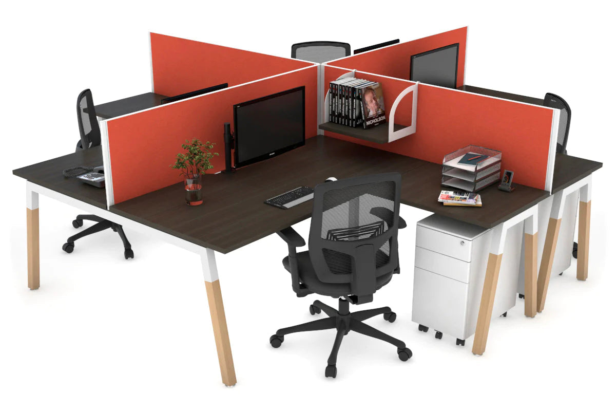 Quadro Wood A Legs Cross Beam 4-Person Corner Workstation Desk - 1600L x 1800W with Cable Management Scallop - Perfect for Office, Home Workspace & Collaborative Environments