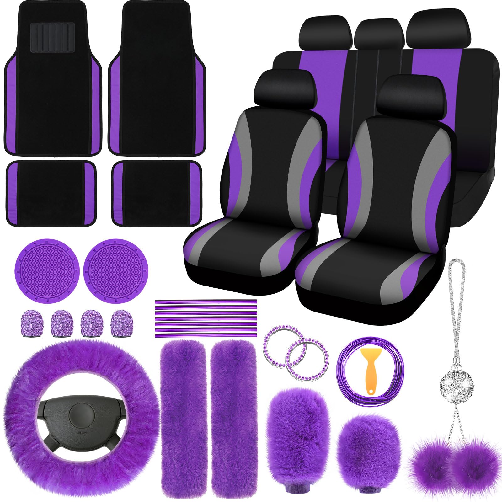 ROCEEI 47-Piece Full Set Car Seat Covers with Fluffy Steering Wheel Cover, Seat Belt Pads & Floor Mats - Universal Fit for Front & Rear Seats - Soft & Comfortable Car Accessories (Purple) | Perfect for Winter Warmth & Interior Decoration