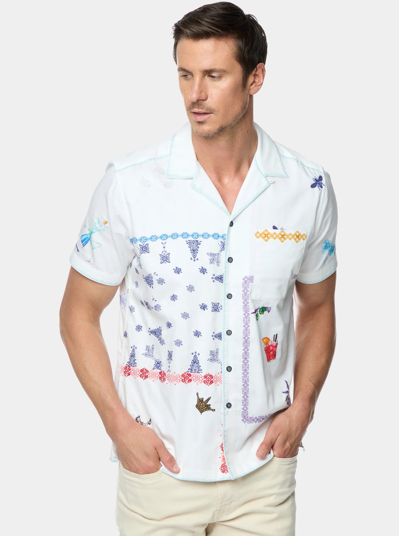 Robert Graham Fortuna Short Sleeve Classic Fit Sport Shirt for Men - Premium Cotton Casual Button Down Shirt in White | Perfect for Golf, Office Wear & Summer Outfits
