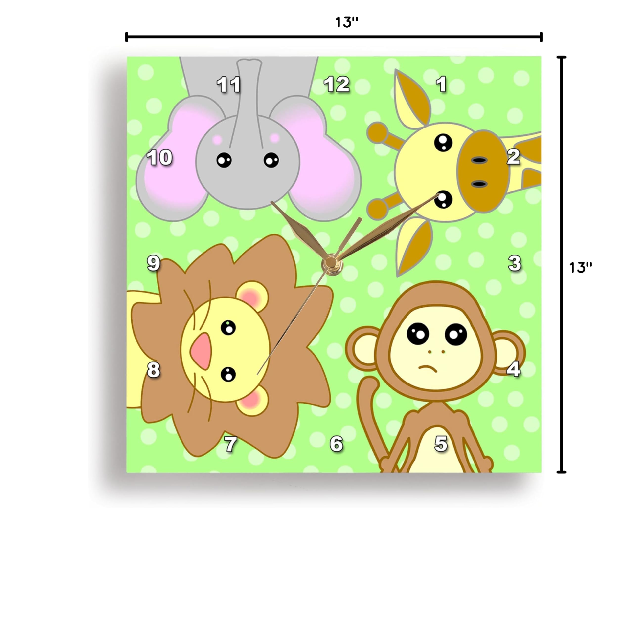 3D Rose Curious Baby Animals Wall Clock - Lion, Monkey, Giraffe & Elephant Design on Green Background - 13x13 Inch Home Decor for Nursery, Kids Room & Playroom - Perfect Gift for Animal Lovers & Children