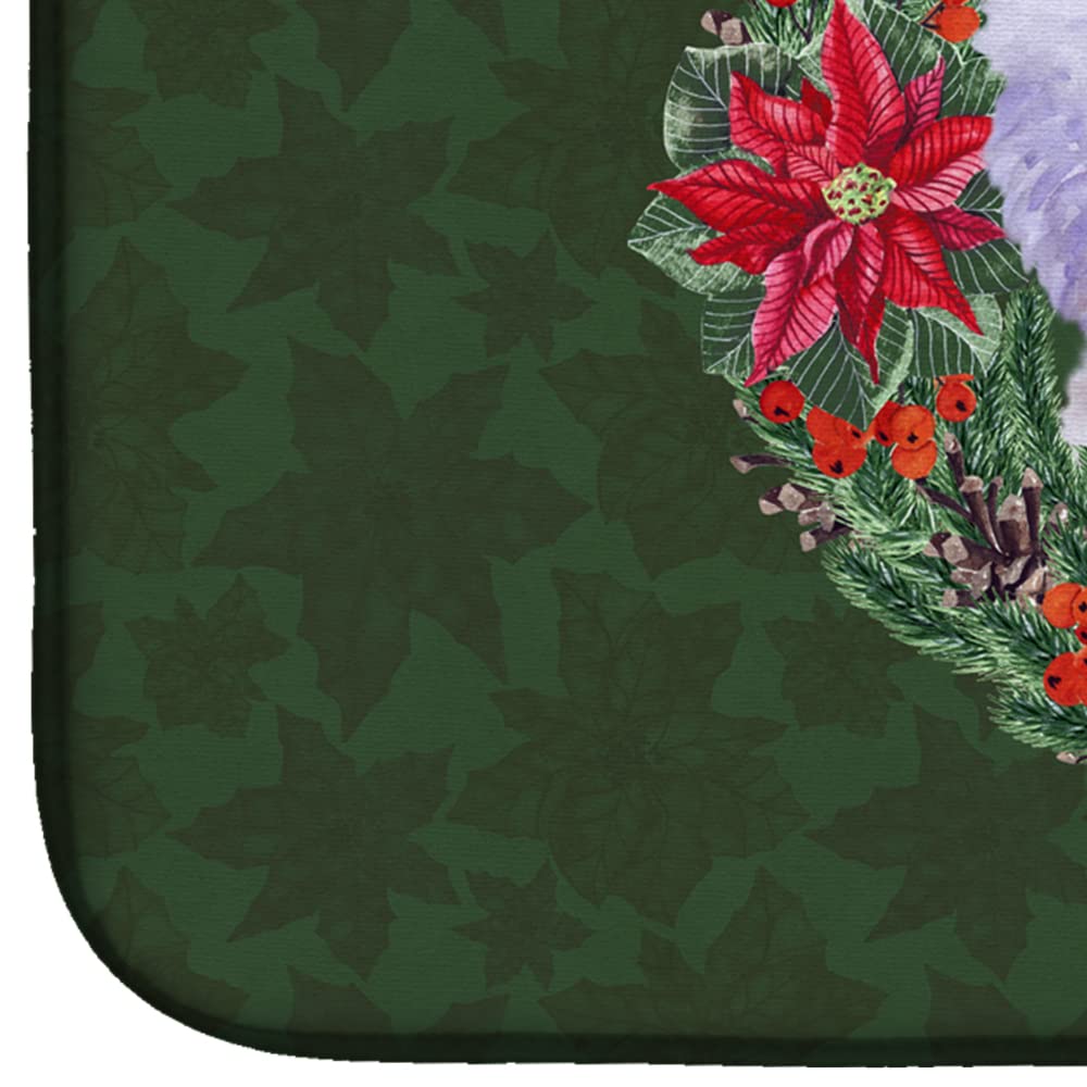 Bichon Frise Poinsettia Wreath Dish Drying Mat - Absorbent Kitchen Counter Mat for Holiday Decor