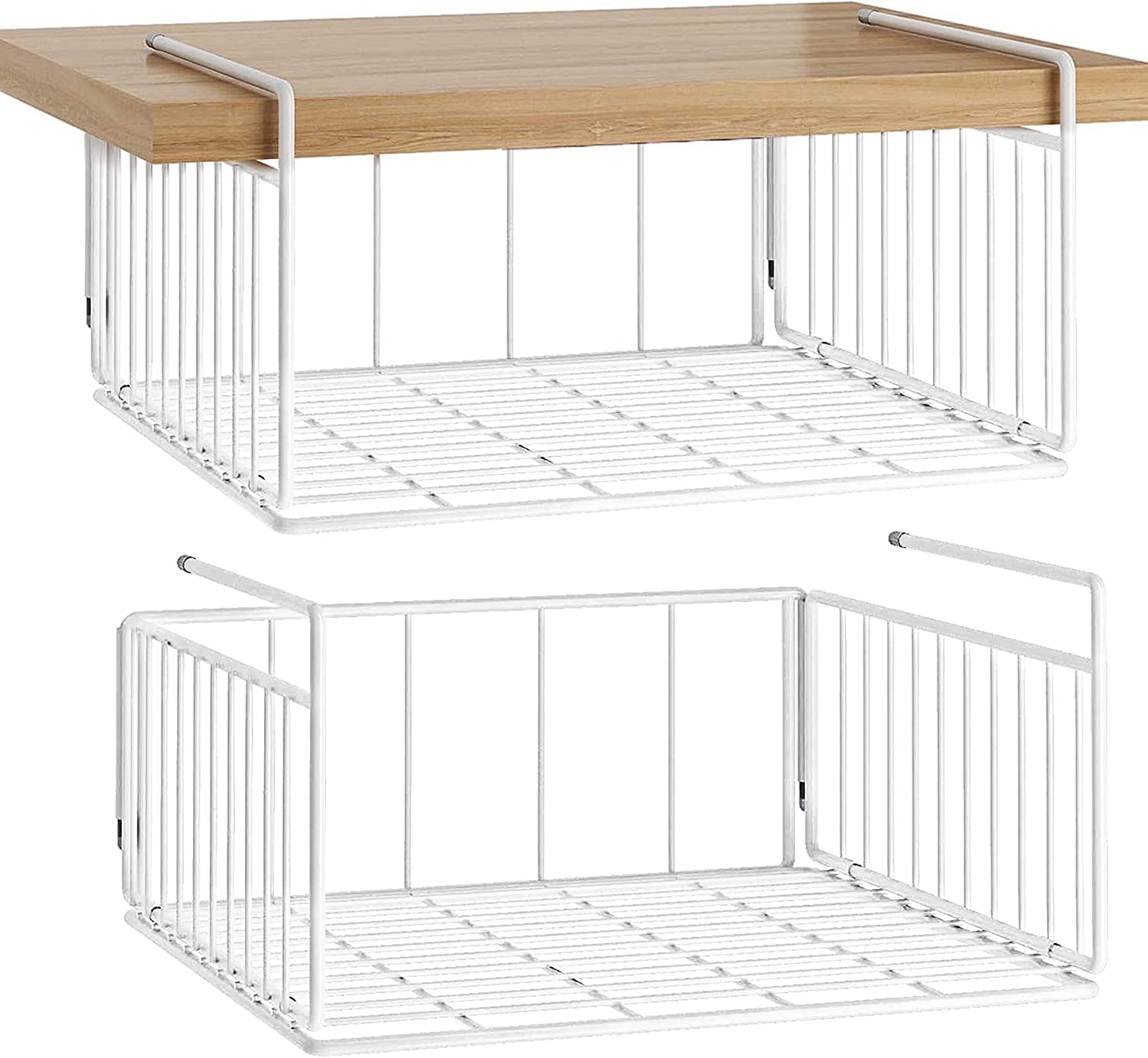 SUFAUY 2 Pack Under Cabinet Shelf Basket - Heavy Duty Hanging Wire Rack Storage Organizer (22lbs Capacity) - Perfect for Pantry, Refrigerator, Kitchen, Bathroom & Office Organization - White