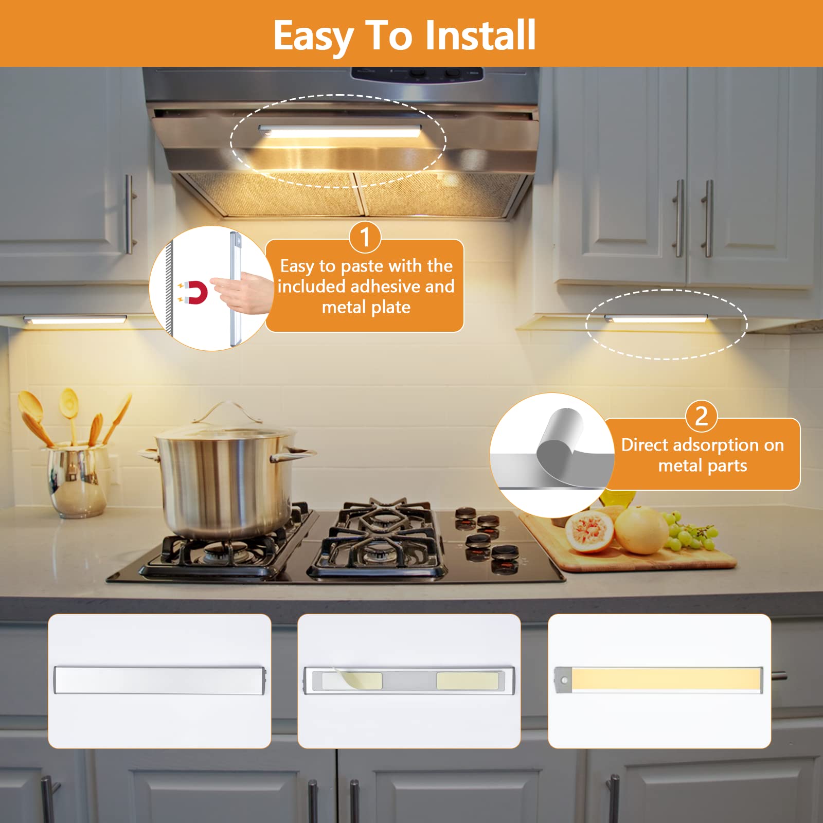 60 LED Dimmable Under Cabinet Lights - 2 Pack with 3 Color Temperatures, Rechargeable Motion Sensor - Wireless Magnetic Closet Lighting for Kitchen, Stairs, Pantry, Wardrobe & Home Storage Areas