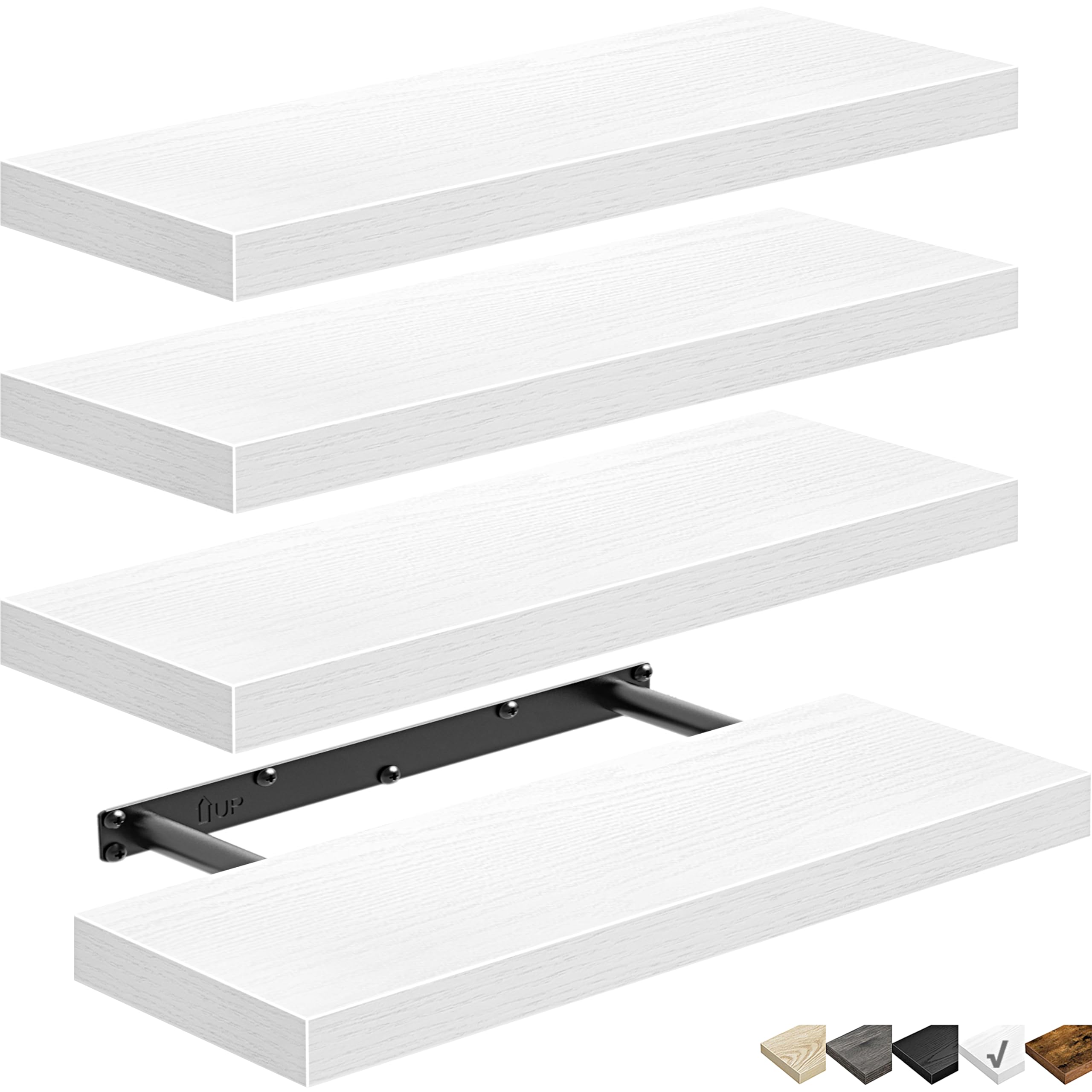 QEEIG Floating Shelves Set of 4 - 16 Inch Wall Mounted Shelves for Bathroom, Bedroom, Kitchen & Living Room - Farmhouse Style Small Book Shelf - White (015-W4) - Perfect for Home Decor, Storage & Display
