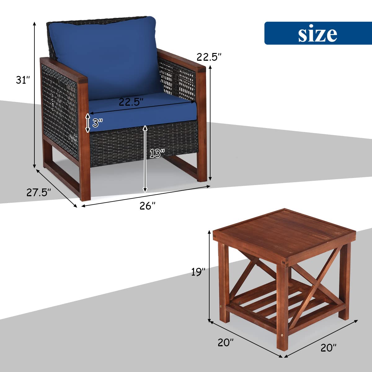 **Tangkula 3-Piece Patio Wicker Furniture Set - Outdoor Rattan Sofa Set with Washable Cushions & Acacia Wood Coffee Table - Garden, Balcony, Backyard Conversation Bistro Set (Blue) - Perfect for Relaxing, Entertaining, and Outdoor Dining**