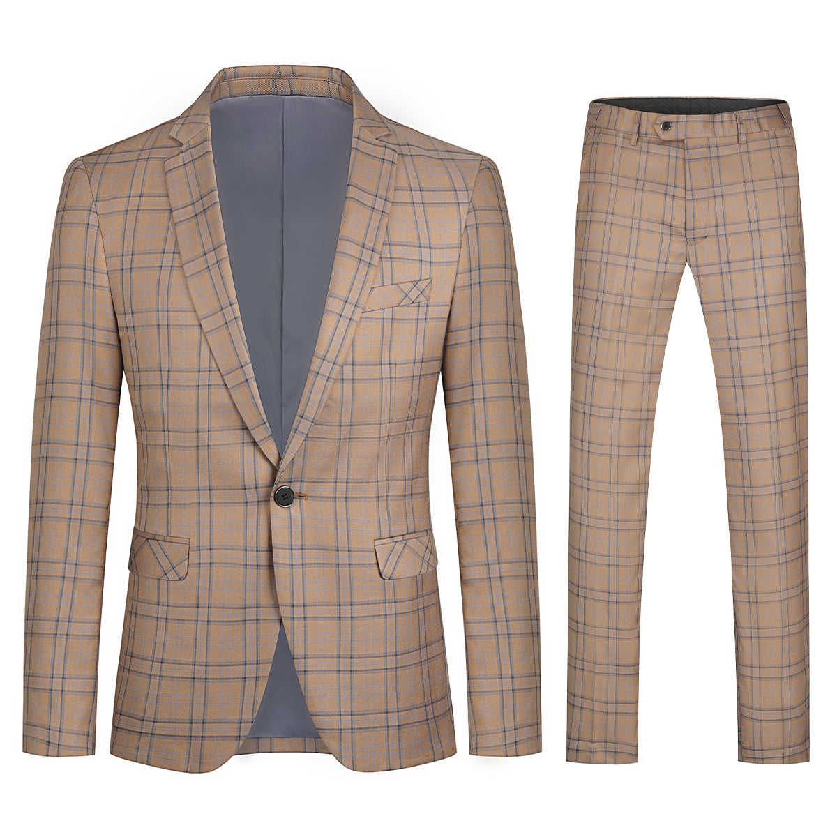 Plaid Stripe Slim Fit 2-Piece Casual Suit for Men - Deep Khaki Color | Perfect for Business Casual, Weddings & Formal Events