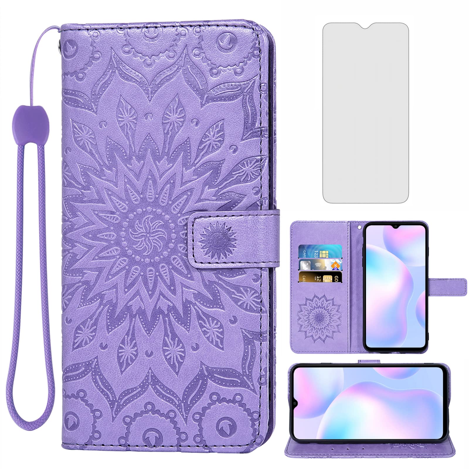 Premium Leather Wallet Case for Xiaomi Redmi 9A/9i - Slim Flip Cover with Card Holder & Stand | Includes Tempered Glass Screen Protector | Perfect for Women's Everyday Use (Purple)