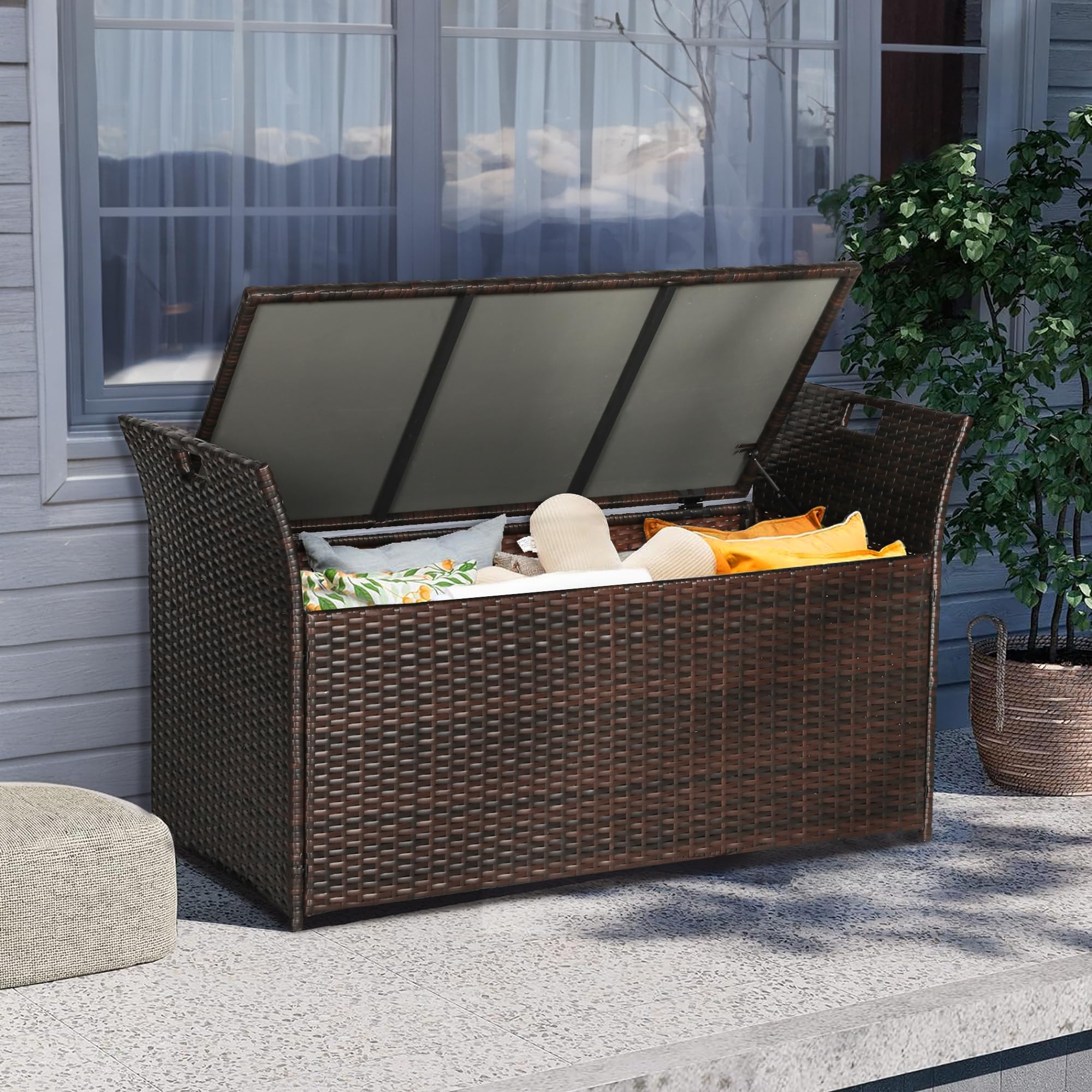 CrownLand 80 Gallon Outdoor Storage Bench with Cushion - Waterproof Wicker Patio Deck Box with Seat - Perfect for Garden, Balcony, Poolside & Backyard Furniture Storage (Brown)