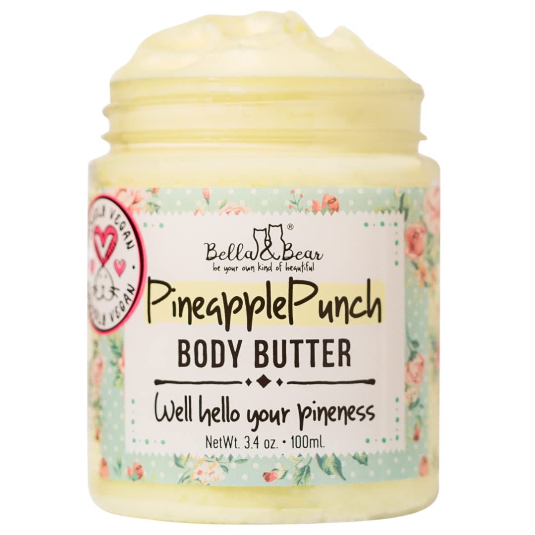 Bella & Bear Pineapple Body Butter - Hydrating & Nourishing Vegan Moisturizer, Travel Size 3.4oz - Perfect for Dry Skin Care, On-the-Go Hydration & Tropical Spa Experience