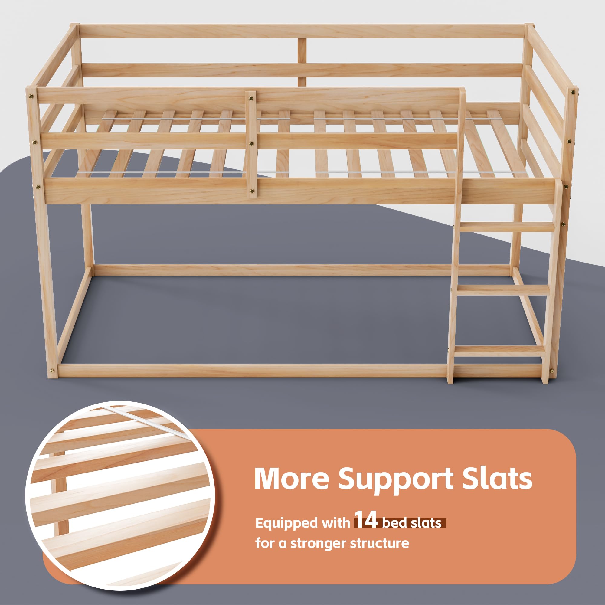 Low Twin Over Twin Bunk Bed with Ladder & Full Guardrails - Solid Wood Junior Bunk Bed for Boys, Girls & Kids - Space-Saving Bedroom Furniture for Small Rooms, Shared Kids' Rooms & Sleepovers (Natural Finish)