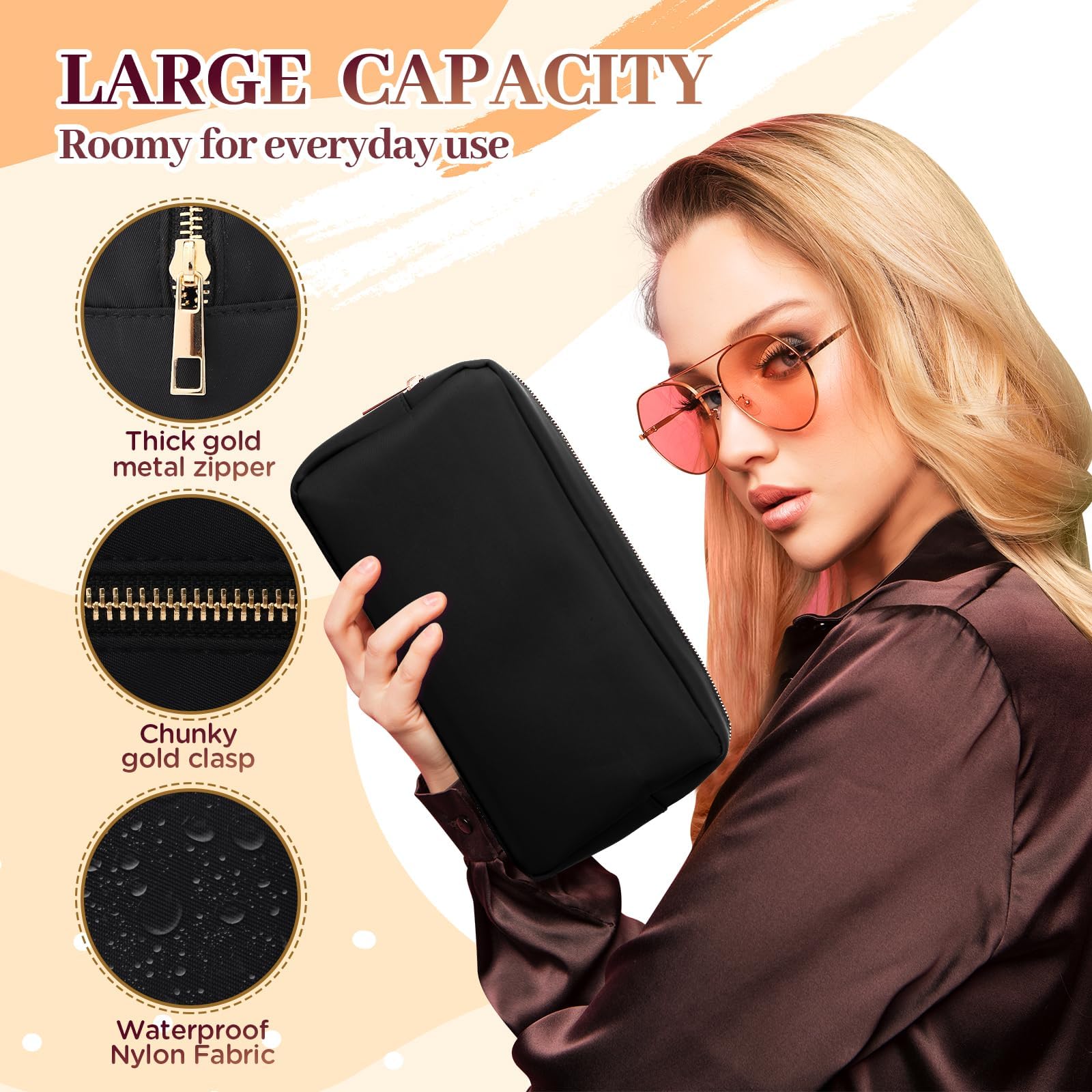 Waterproof Nylon Makeup Bag for Women - Large Capacity Cosmetic Organizer with Zipper, Travel Toiletry Bag - Perfect for Girlfriend Gifts, Teen Girls & Women (Black) | Great for Travel, Gym, Daily Use & Makeup Storage
