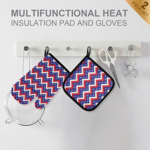 4th of July Stars & Stripes Oven Mitt and Pot Holder Set - Heat Resistant Gloves & Pads for Cooking, Baking, Grilling - American Independence Day Kitchen Accessories - Perfect Holiday Gift for BBQ, Picnics & Patriotic Celebrations