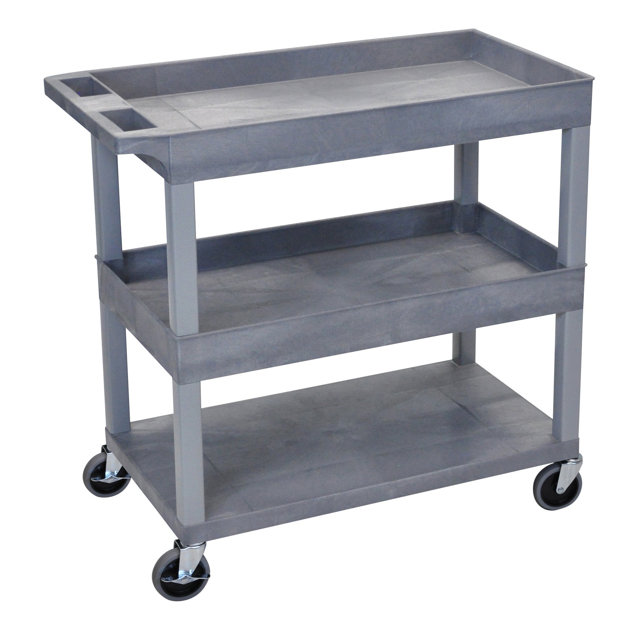 Luxor High Capacity 2-Tier Utility Cart with 2 Tubs & 1 Flat Shelf - Gray Rolling Storage Cart for Kitchen, Bathroom, Office Organization