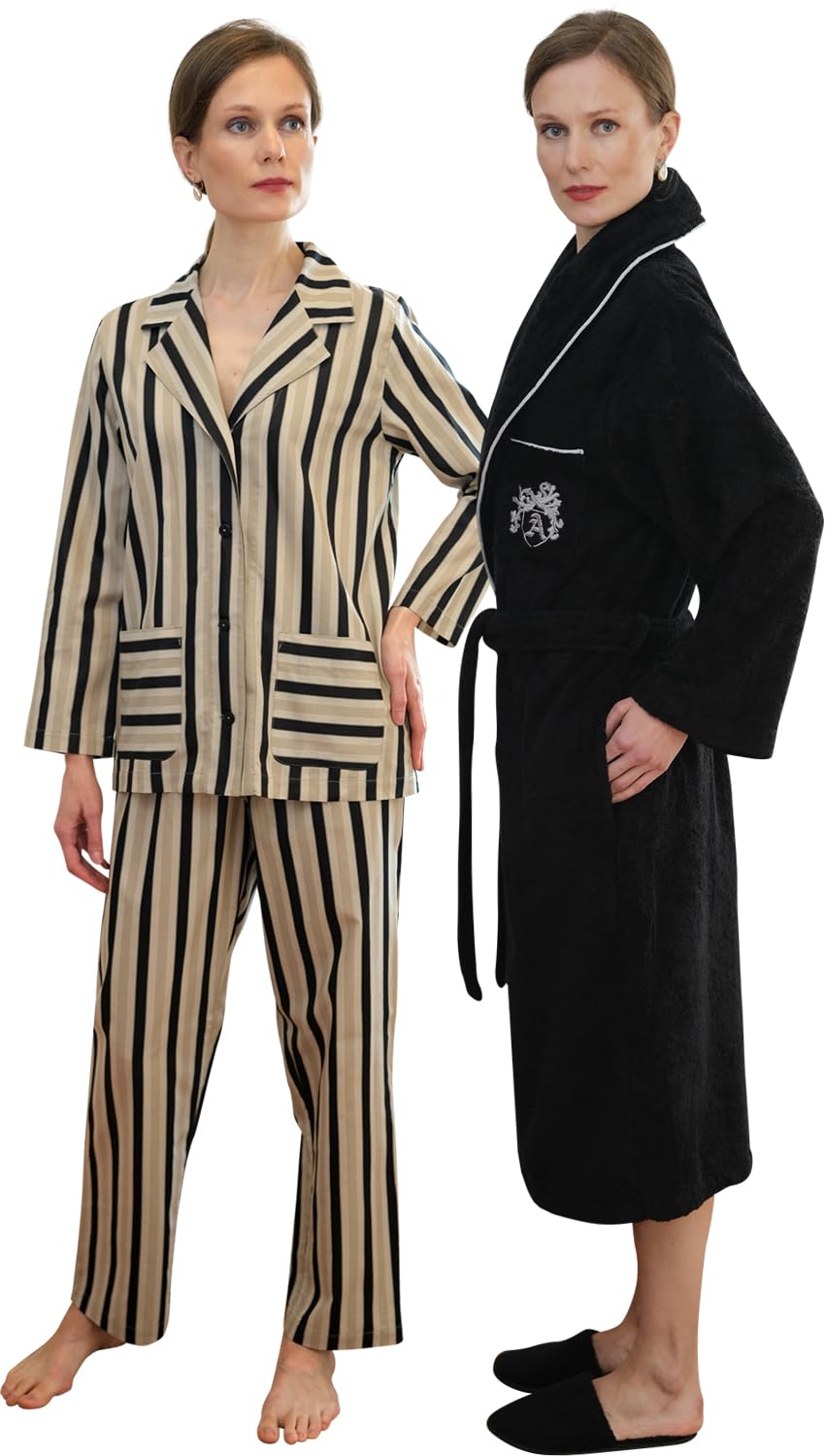 Luxury Women's Sateen Striped Pajama Set with Lounge Robe, Slippers & Hand Towel - European Crafted Sleepwear for Comfortable Nights & Relaxing at Home